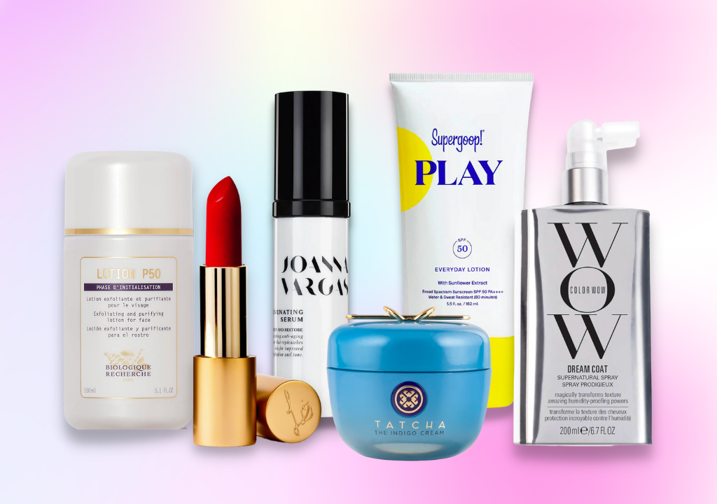 Flat lay products from brands like Tatcha, Supergoop and Biologique Recherche, featured in attached article explaining public figures’ holy grails