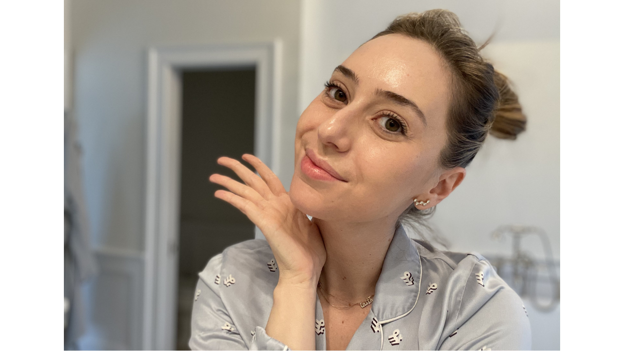 Founder and Dermatologist Dr. Shereene Idriss in silk pajamas showcasing her nighttime skincare routine and favorite product picks