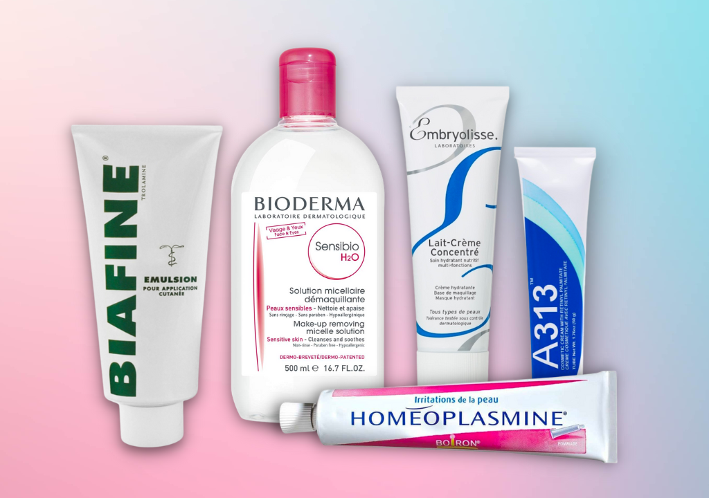 Flat lay of French pharmacy skincare products, including Bioderma, Embryolisse, and Biafine, on a gradient background