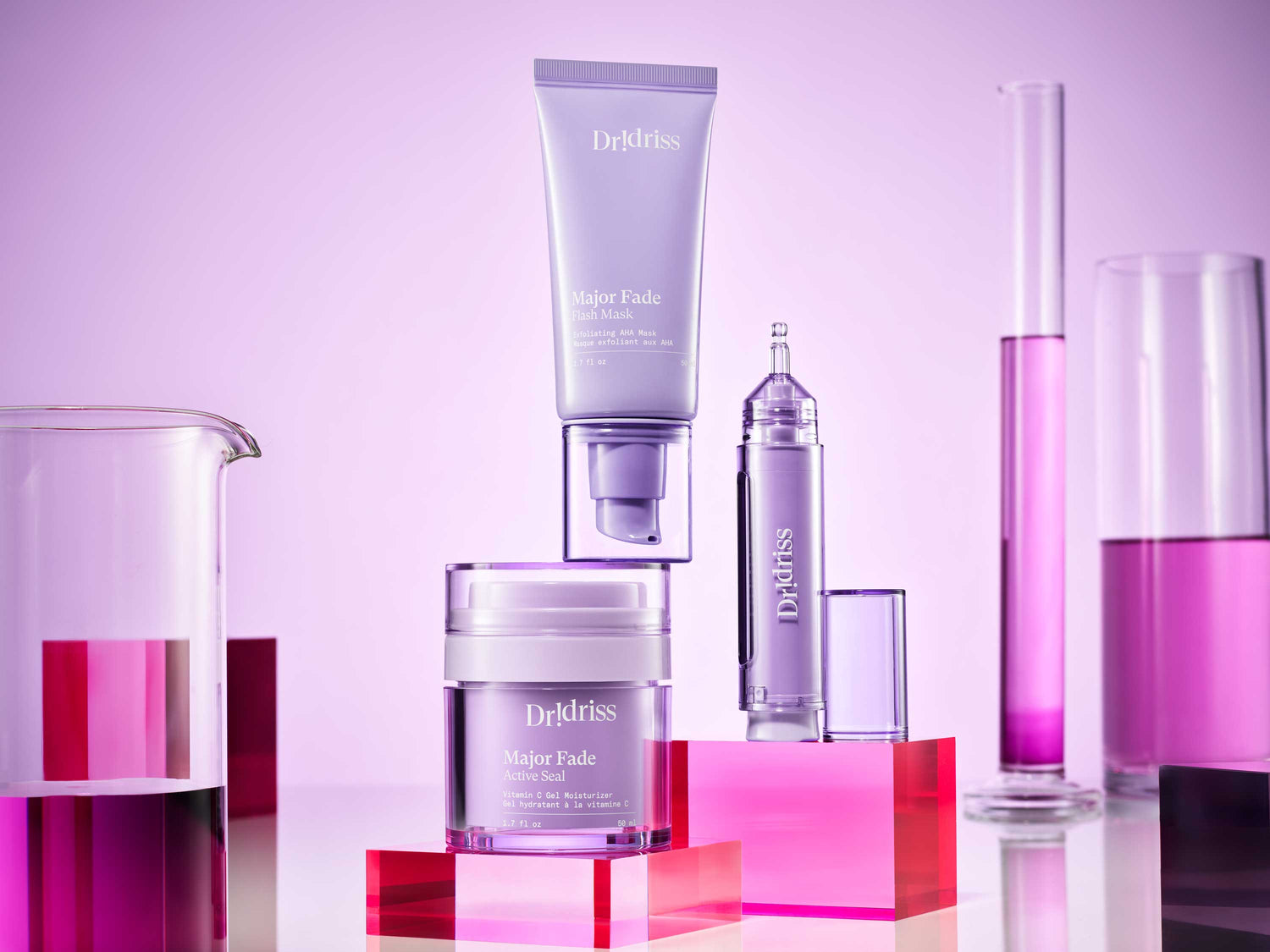 Dr. Idriss Major Fade System products showcased with test tubes, symbolizing the line as an advanced, science-backed pigmentation solution
