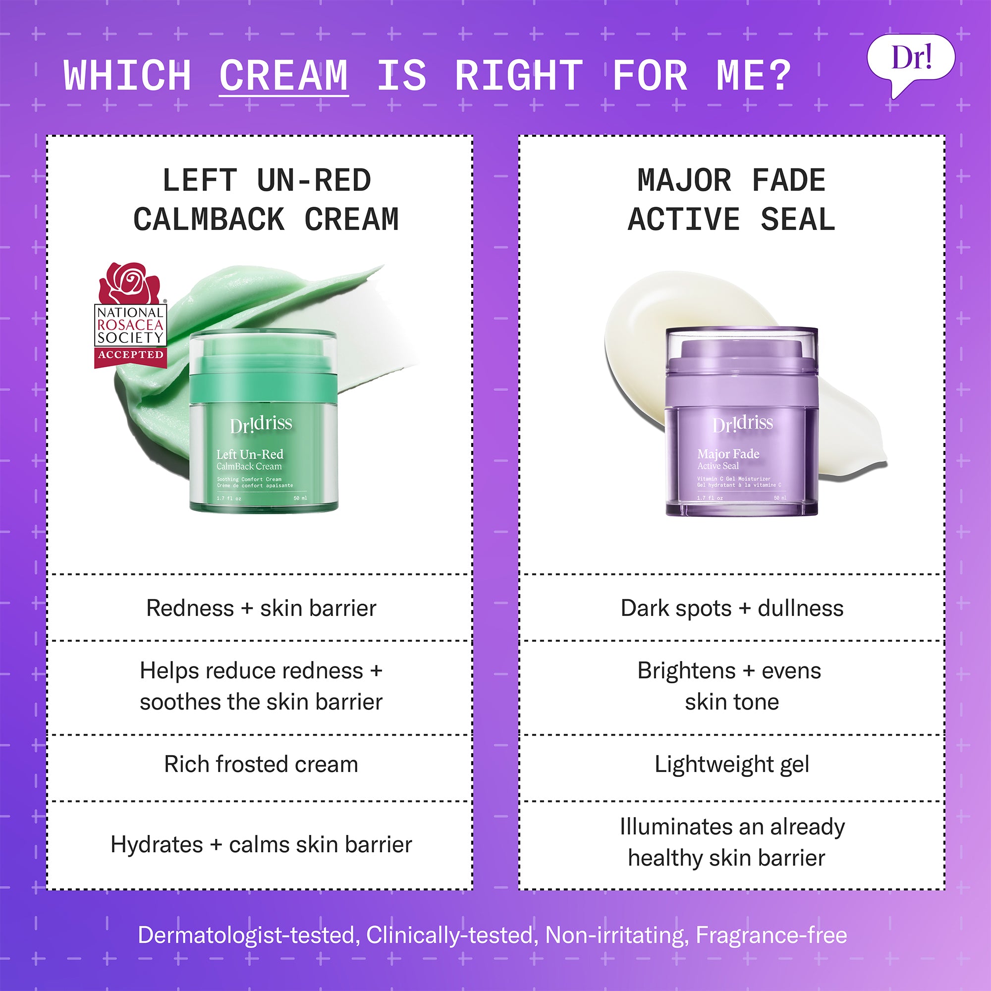 Comparison of Left Un-Red CalmBack Cream and Major Fade Active Seal moisturizer for redness vs brown discoloration.