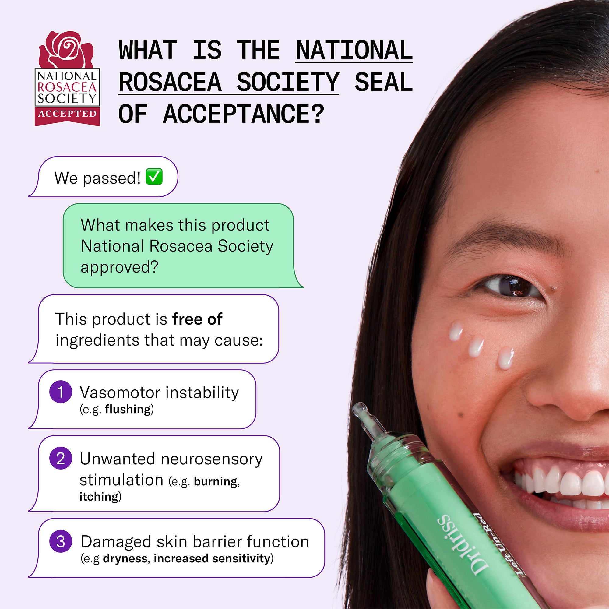 Left Un-Red Reducer Serum approved by the National Rosacea Society for redness-prone, sensitive skin