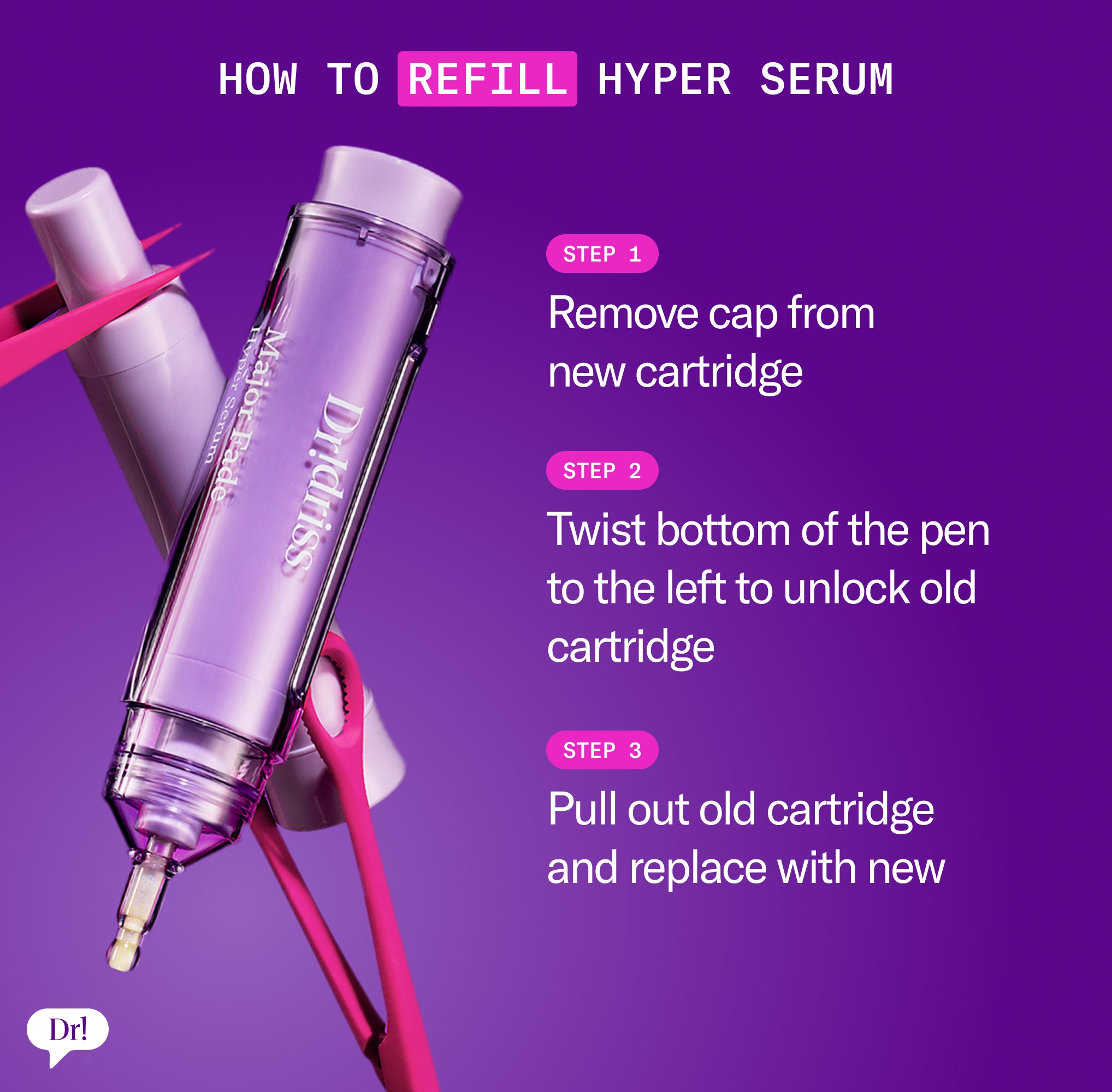 Instructions on how to refill a hyper serum with a purple background