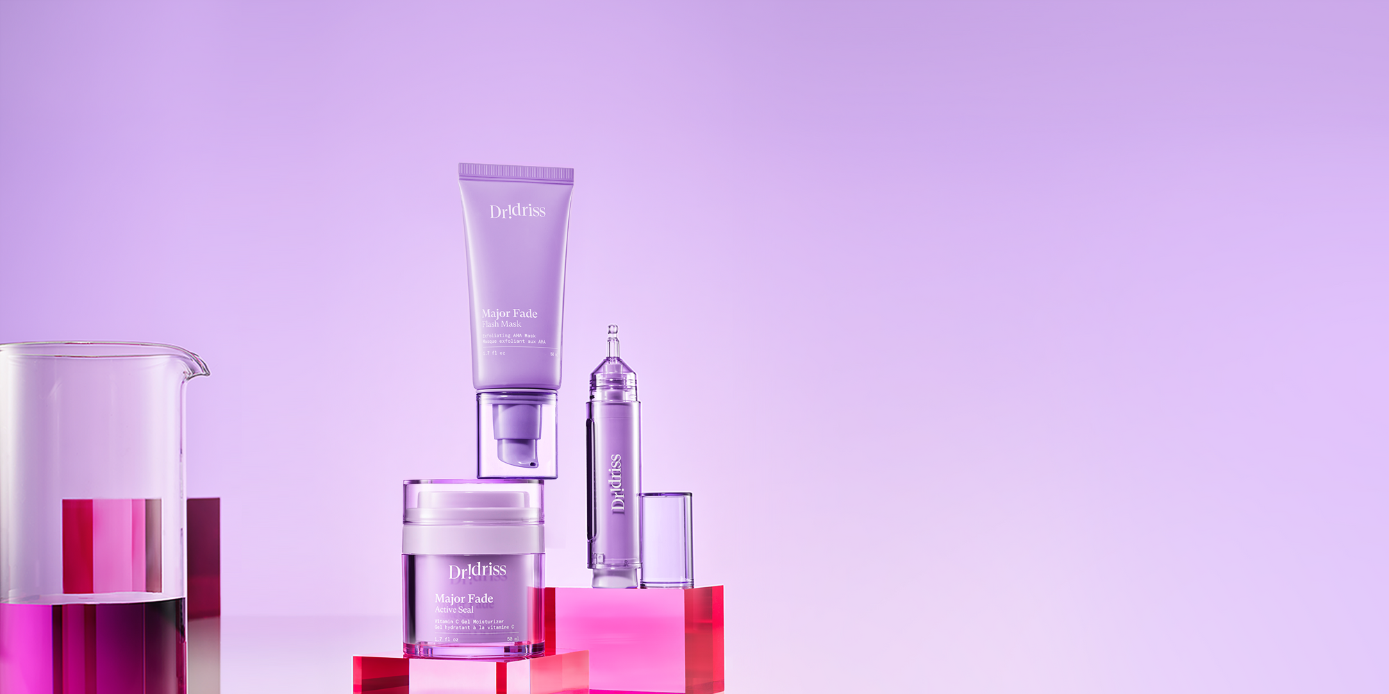 Dr. Idriss Major Fade lineup featuring Flash Mask, Hyper Serum, and Active Seal, the perfect trio for brighter, even-toned skin