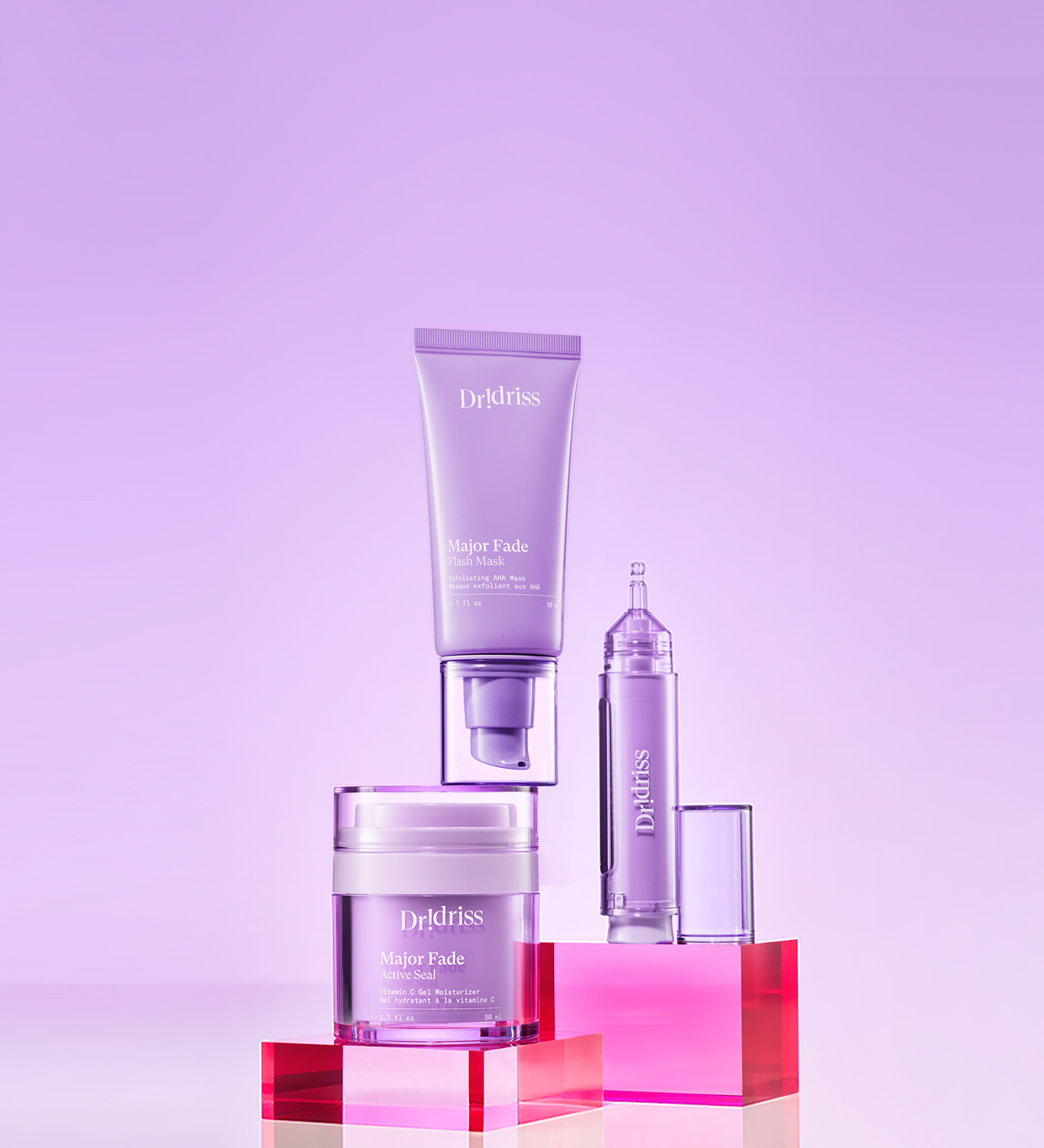 Dr. Idriss Major Fade lineup featuring Flash Mask, Hyper Serum, and Active Seal, the perfect trio for brighter, even-toned skin