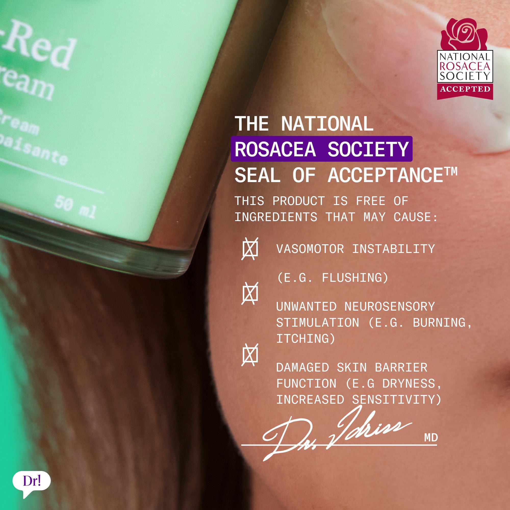 Left Un-Red CalmBack Cream with National Rosacea Society Seal of Acceptance for sensitive and redness-prone skin