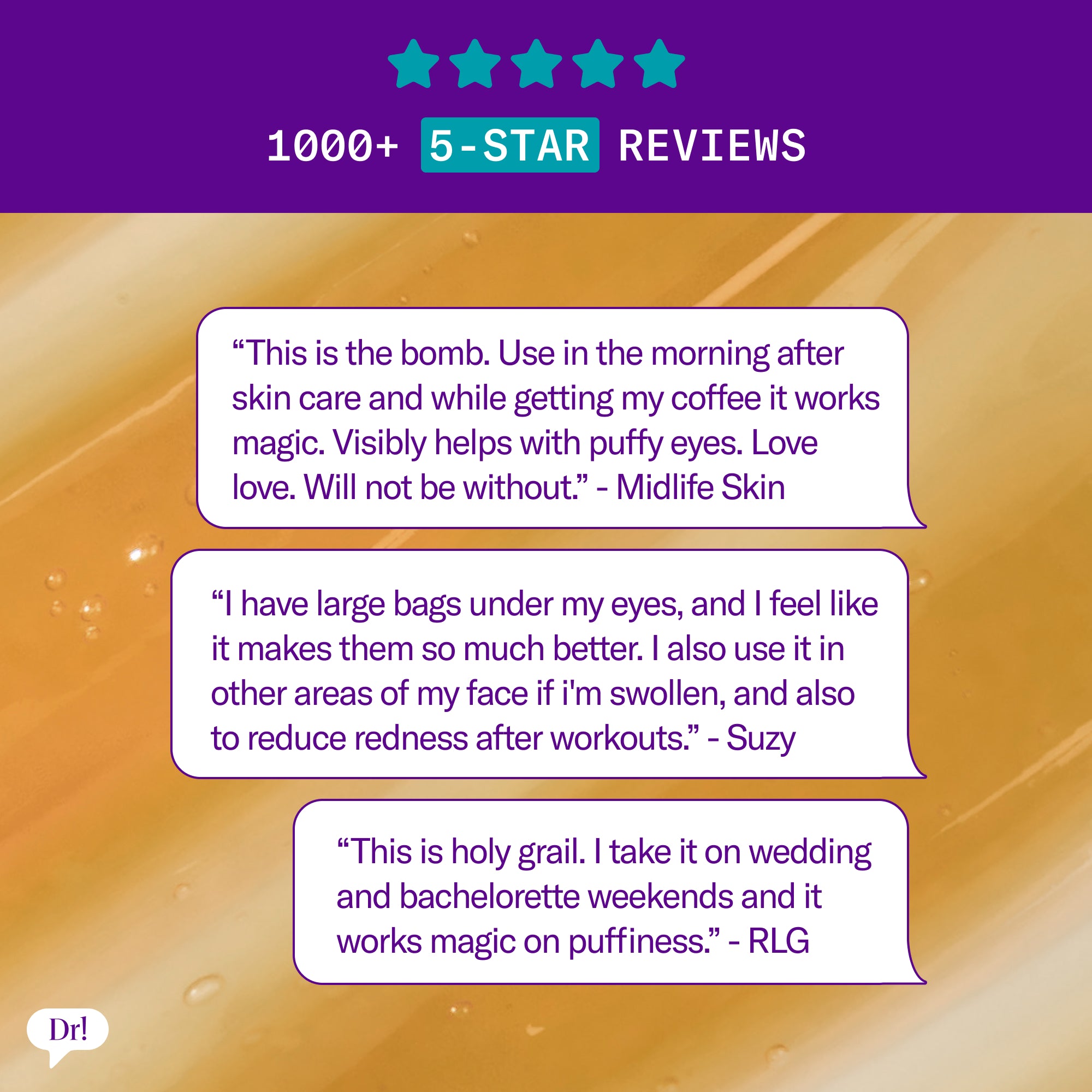 Customer review graphic highlighting 5-star reviews for The Depuffer Roll-On Serum and its benefits for puffiness and redness.