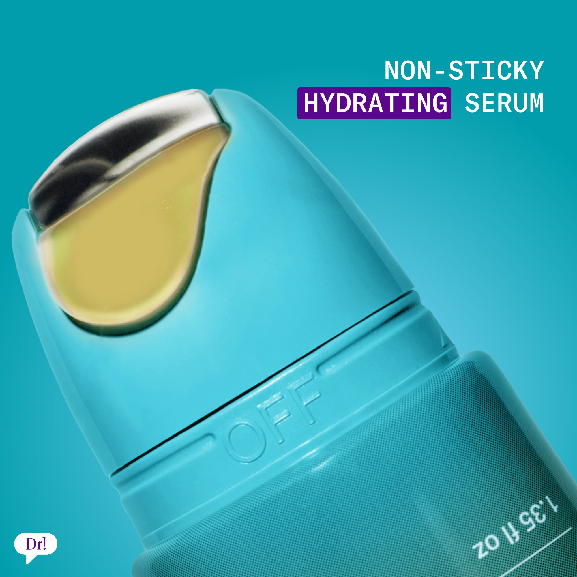 Close-up of The Depuffer metal roll-on applicator with text highlighting non-sticky hydrating serum texture.