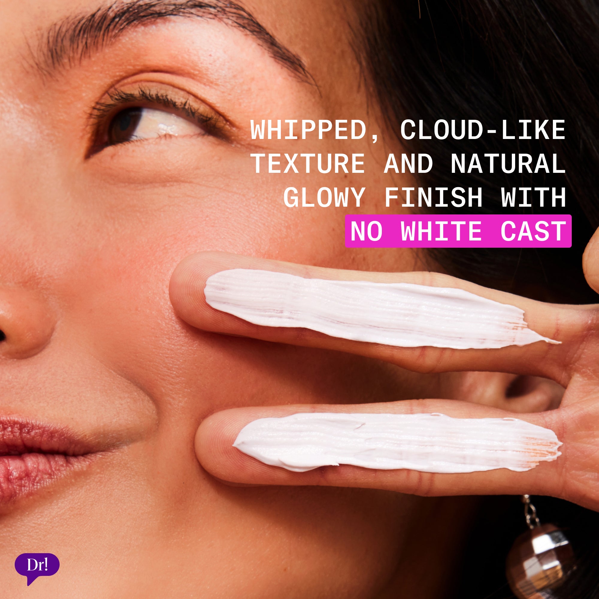 Model applying Disco Block SPF 50 sunscreen with text highlighting whipped cloud-like texture, natural glowy finish, and no white cast.