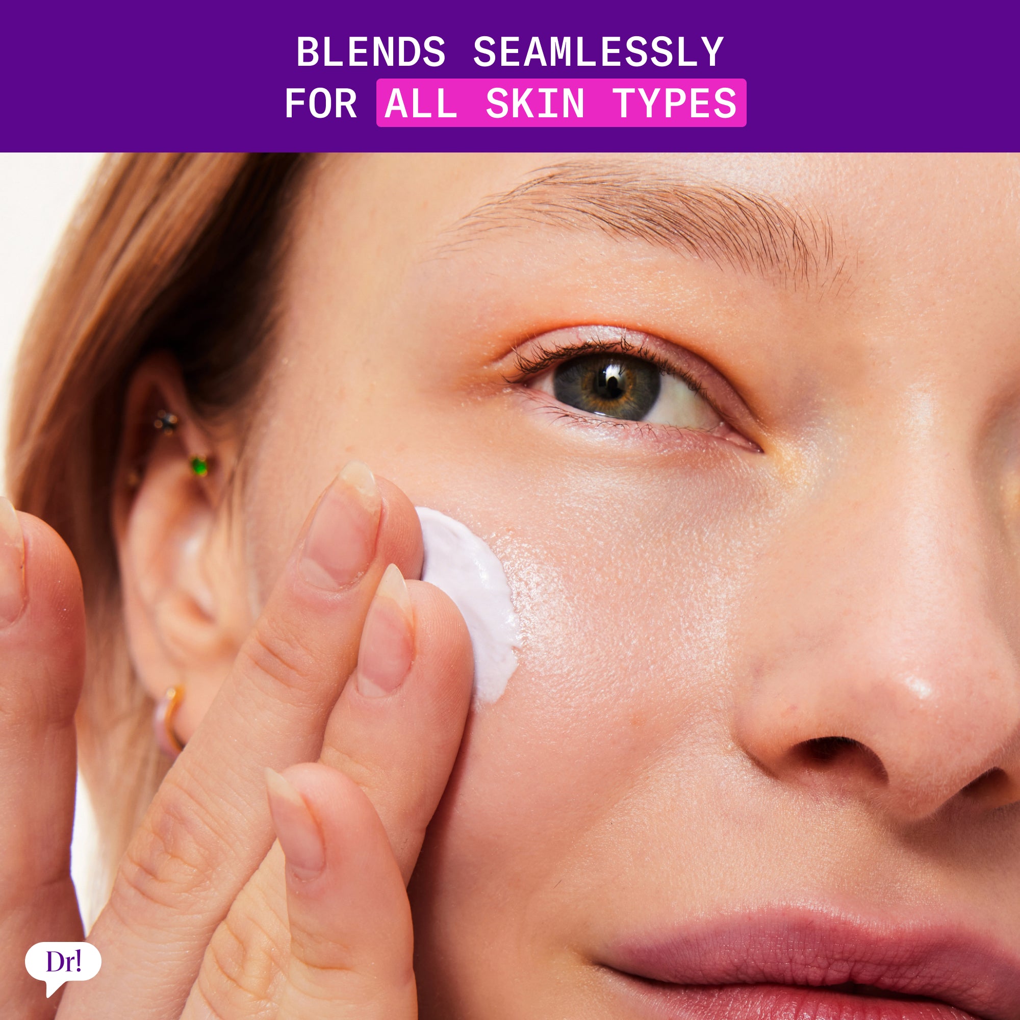 Close-up of model applying Disco Block SPF 50 with text stating it blends seamlessly for all skin types.