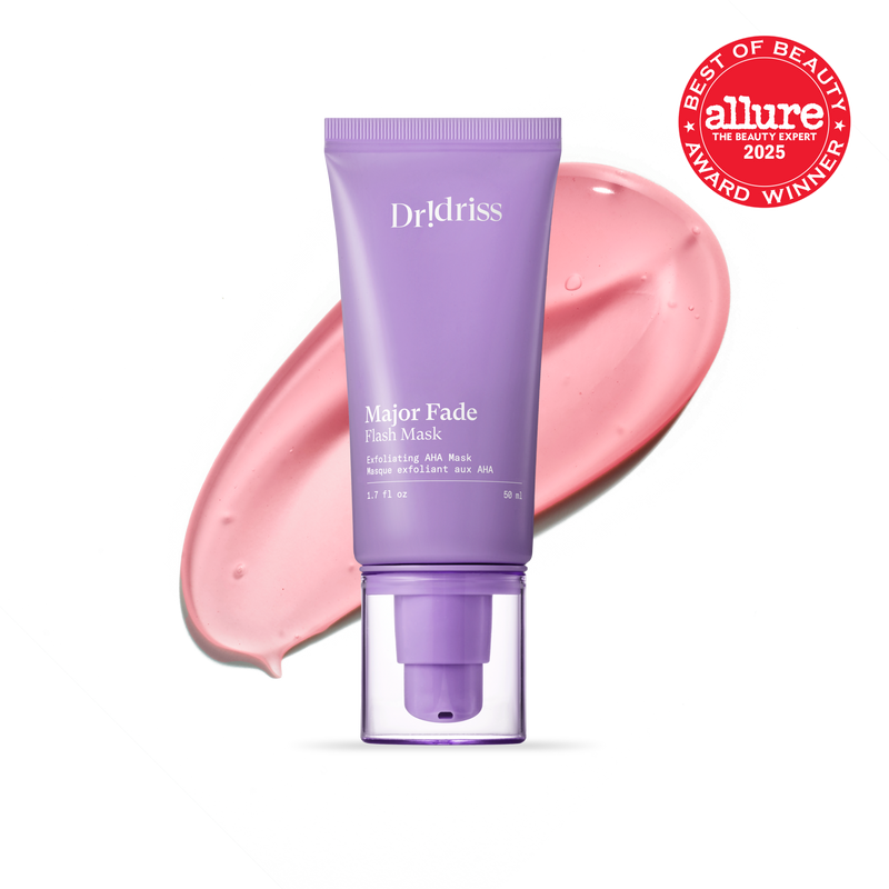 Major Fade Flash Mask exfoliating AHA face mask with pink formula smear and 2025 Allure Best of Beauty Award badge