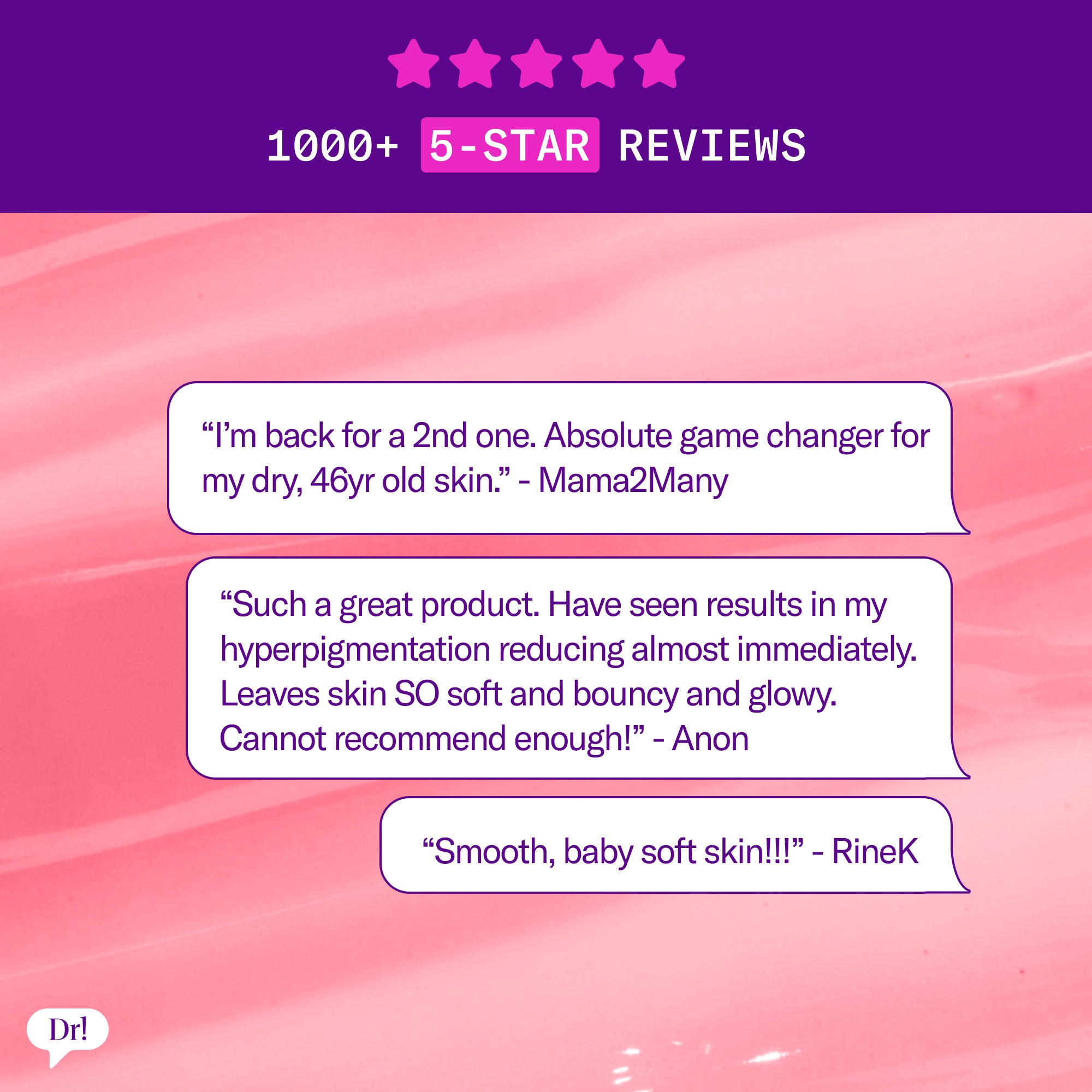 Customer reviews for Major Fade Flash Mask highlighting smoother, softer, brighter-looking skin and dark spot improvement
