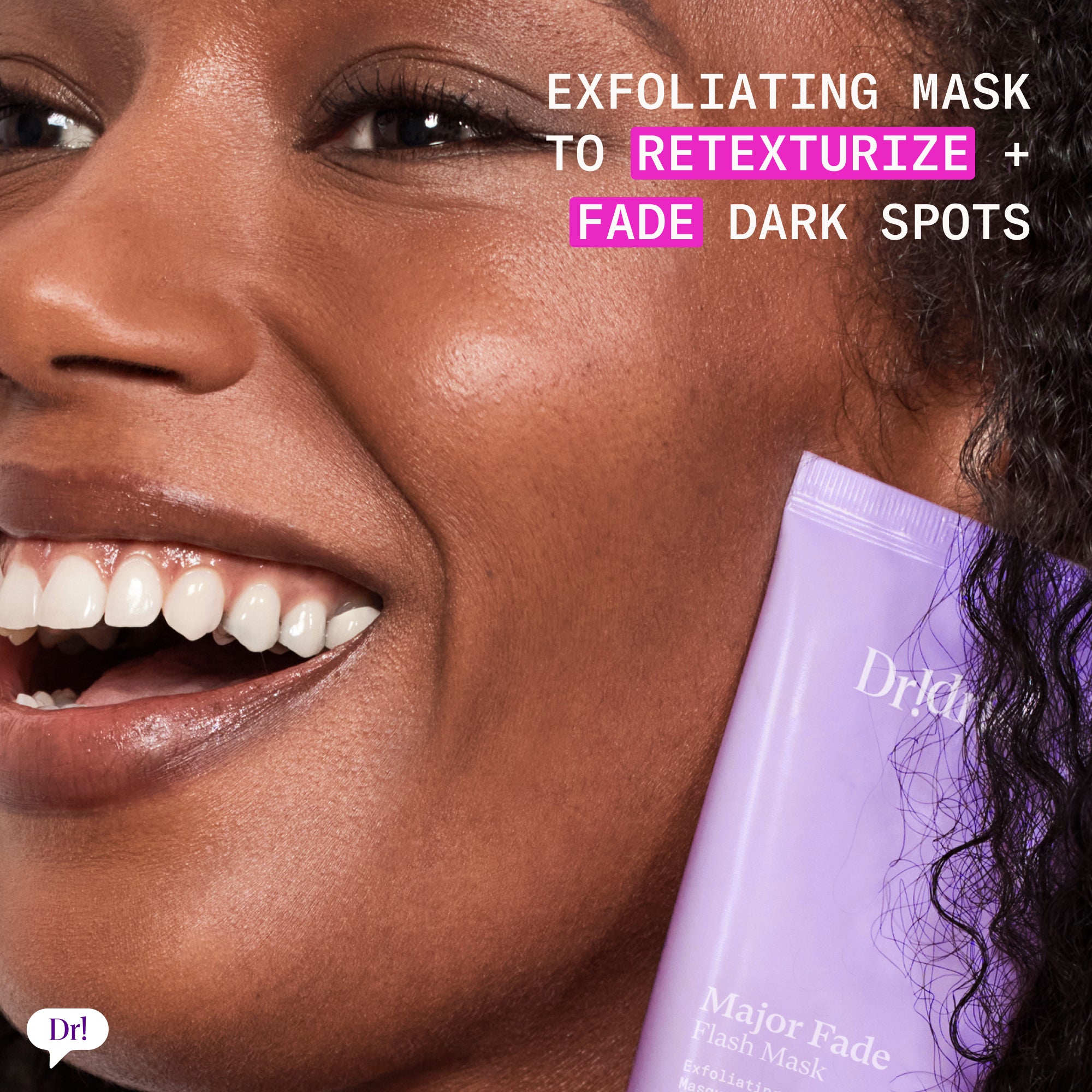 Model with glowing skin holding Major Fade Flash Mask exfoliating mask for dark spots and uneven texture