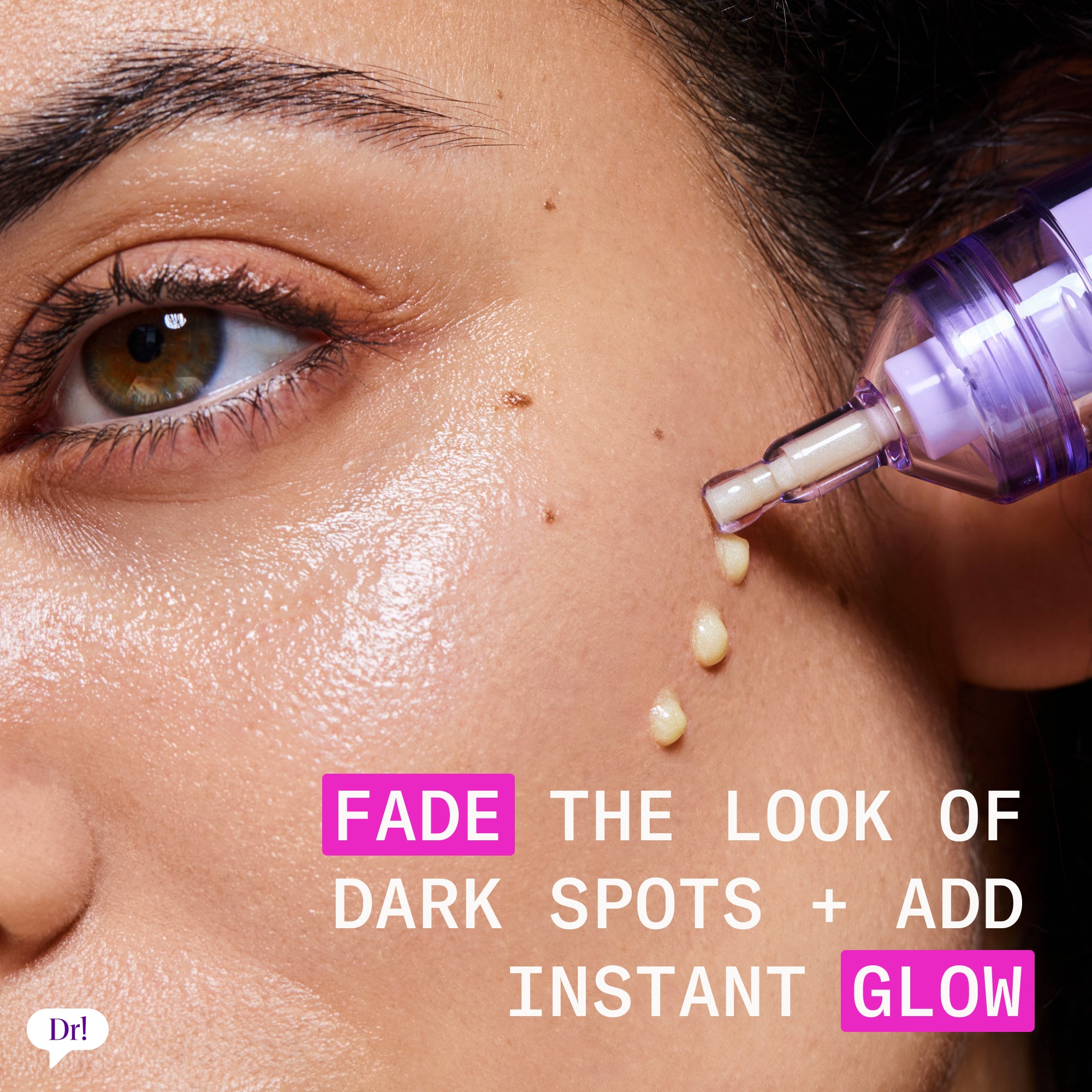 Close-up of Major Fade Hyper Serum being applied to skin to visibly brighten dark spots and boost glow