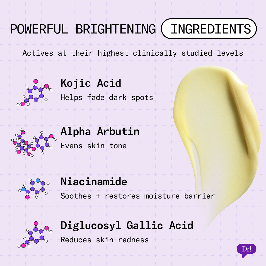 Product with brightening ingredients listed on a light purple background