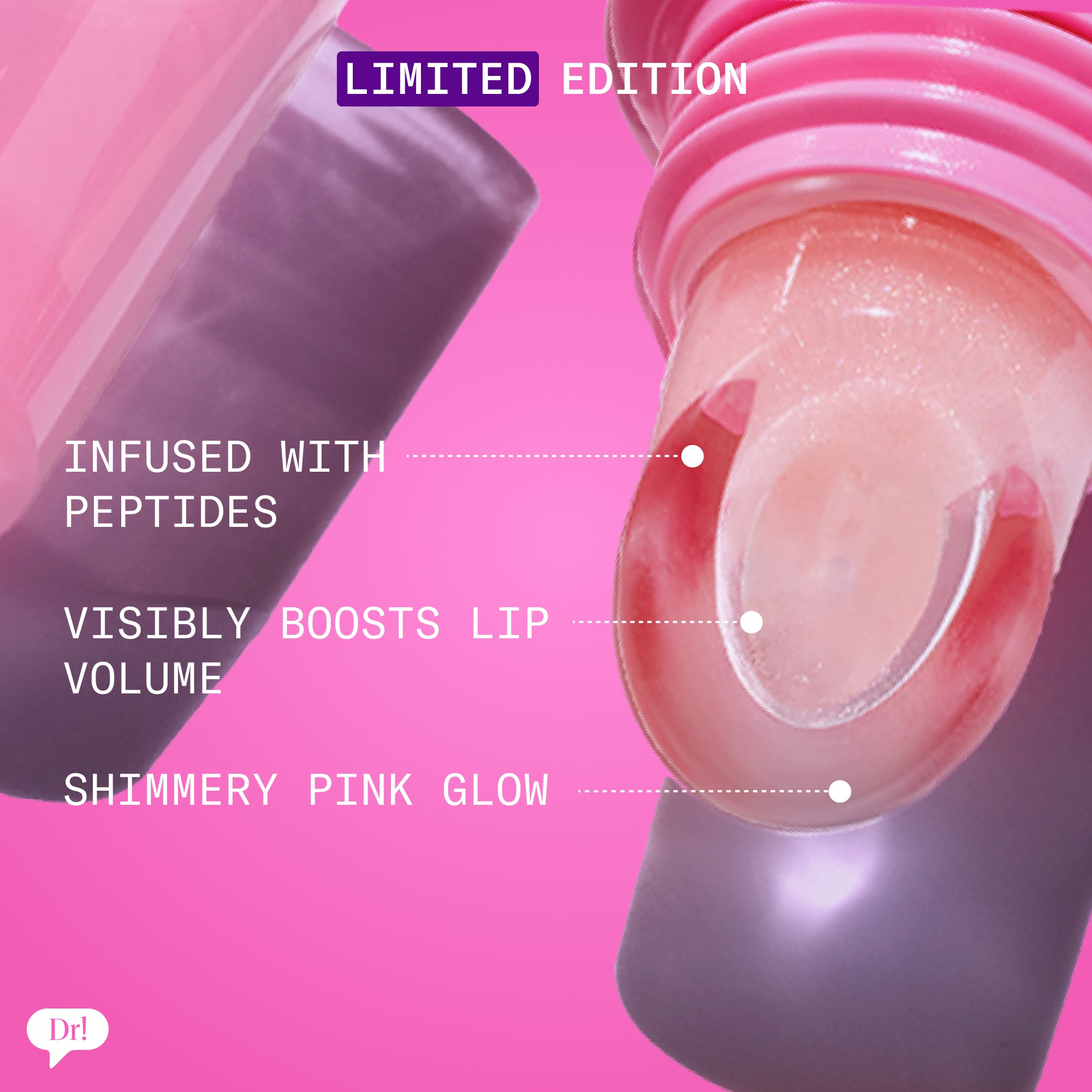 Dessert Barrier Baste Lip Baste applicator and shimmery pink balm texture on light background