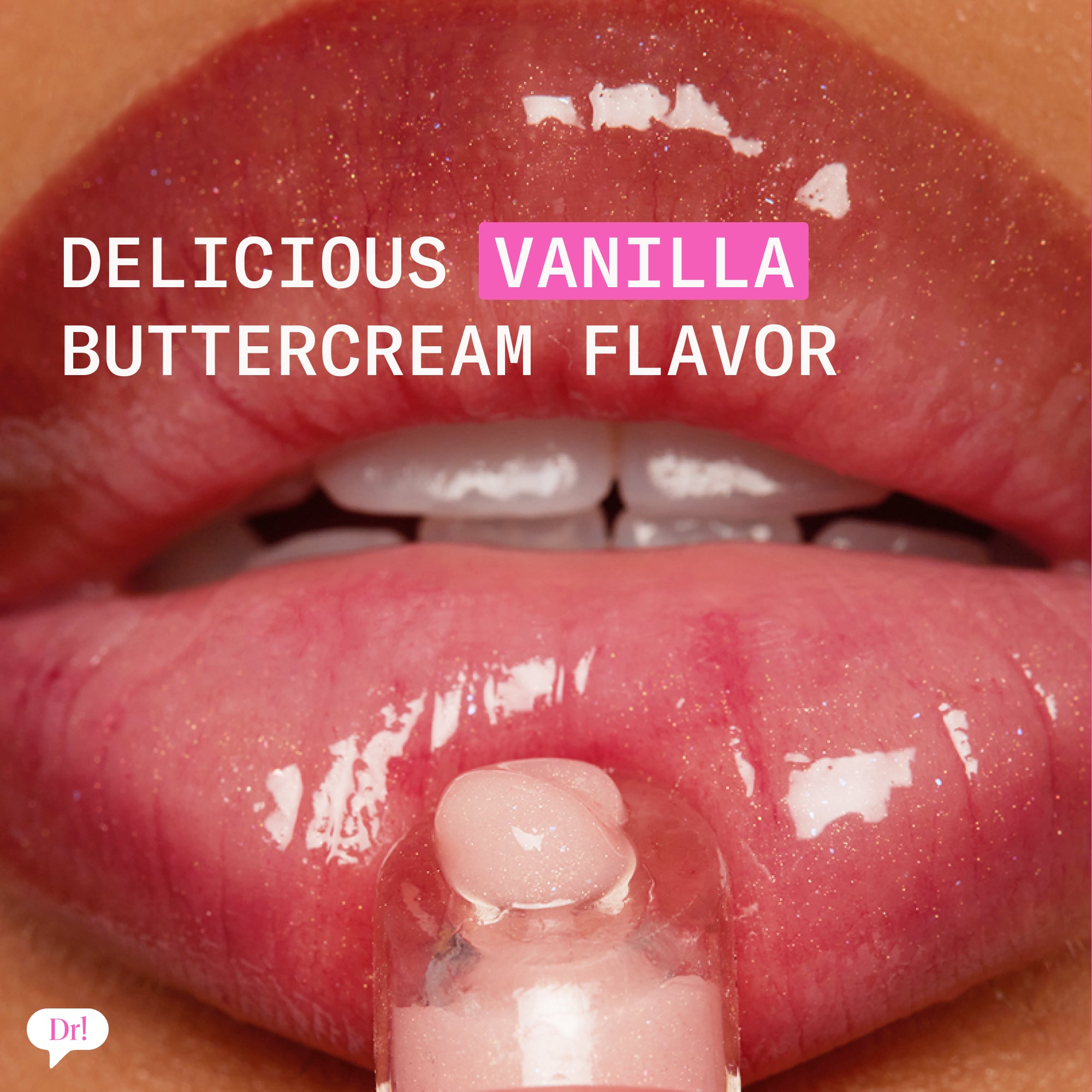 Dessert Barrier Baste Lip Baste in vanilla buttercream with shimmery pink finish on lips