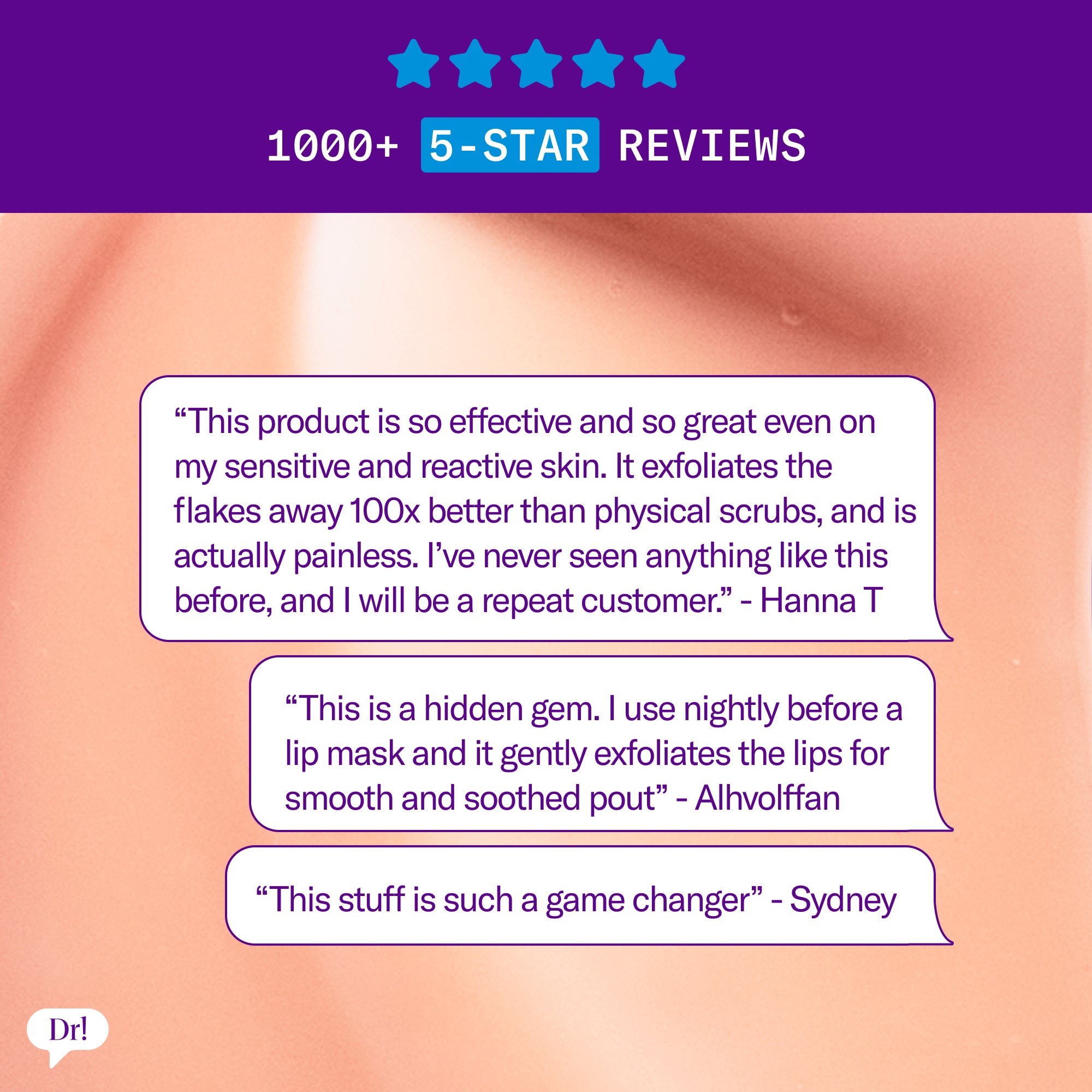 Customer testimonials and 5-star reviews for Barrier Baste Lip Peel and Lip Baste highlighting smoother, hydrated lips.