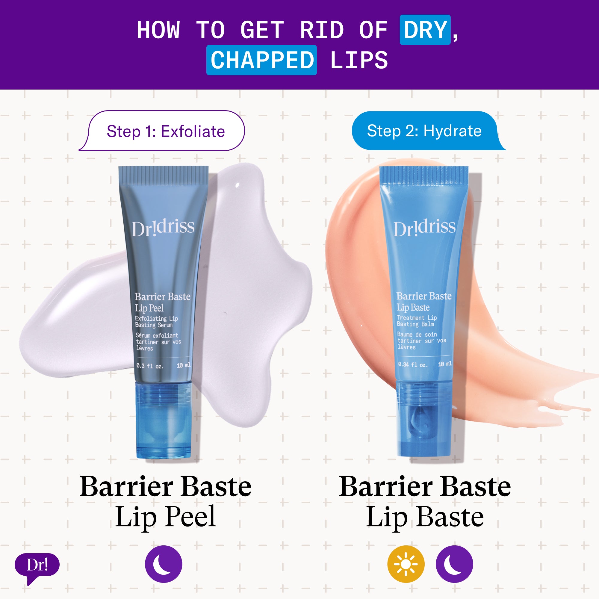 Educational graphic showing a two-step routine to exfoliate and hydrate dry, chapped lips with Lip Peel and Lip Baste.