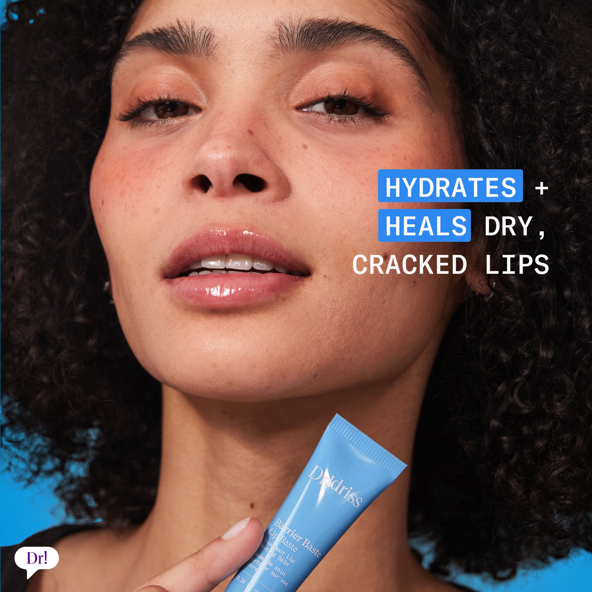 Model holding Barrier Baste Lip Baste with hydrated, glossy lips and text highlighting healing for dry, cracked lips.