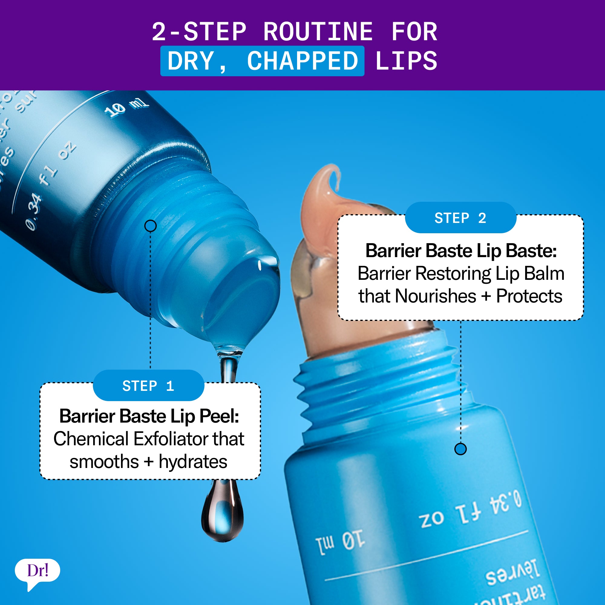 Two-step lip care routine for dry, chapped lips featuring Barrier Baste Lip Peel and Barrier Baste Lip Baste.
