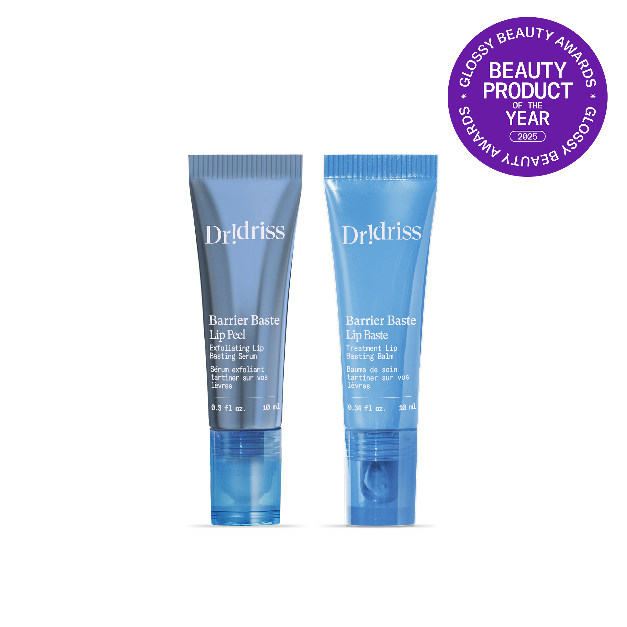 Main shot of the lip duo featuring the lip peel and lip baste - winner of Beauty Product of the Year at the 2025 Glossy Beauty Awards