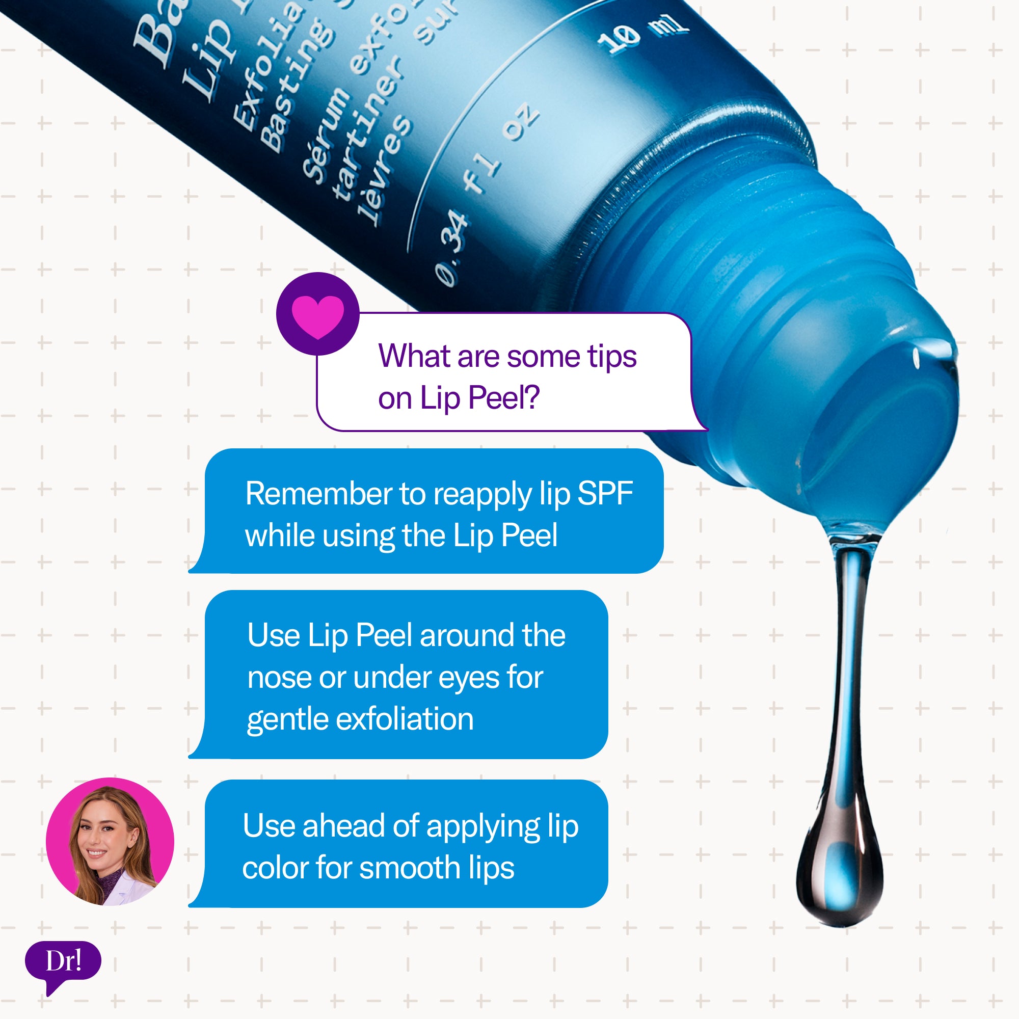 Lip Peel usage tips including lip SPF reapplication, gentle facial exfoliation, and smoother lipstick application.