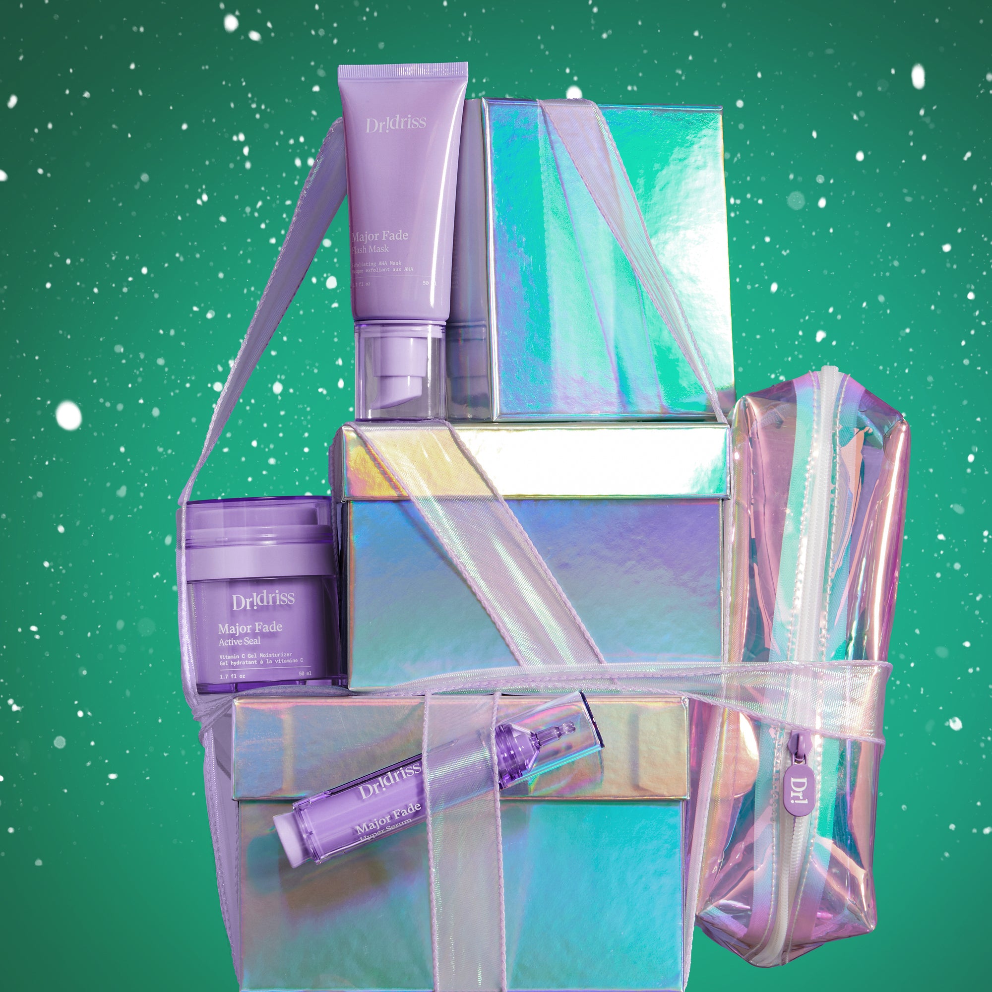 campaign shot of wrapped gift boxes with the major fade products