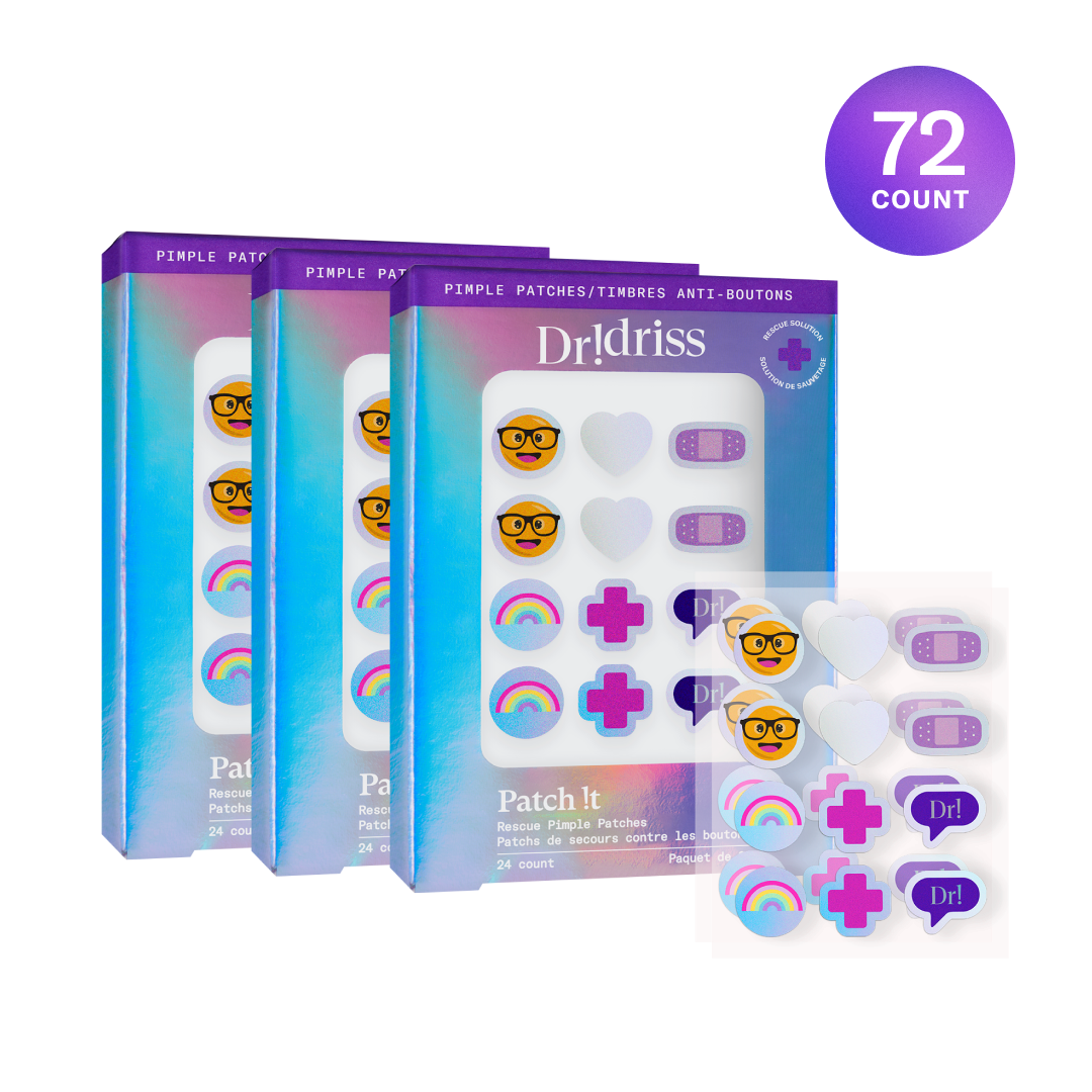 Patch It Rescue Pimple Patches pack shot, showing the pimple patches inside and outside of the box. pack of 72