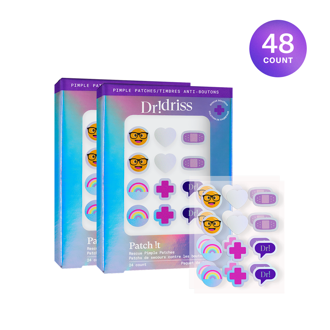 Patch It Rescue Pimple Patches pack shot, showing the pimple patches inside and outside of the box. pack of 48