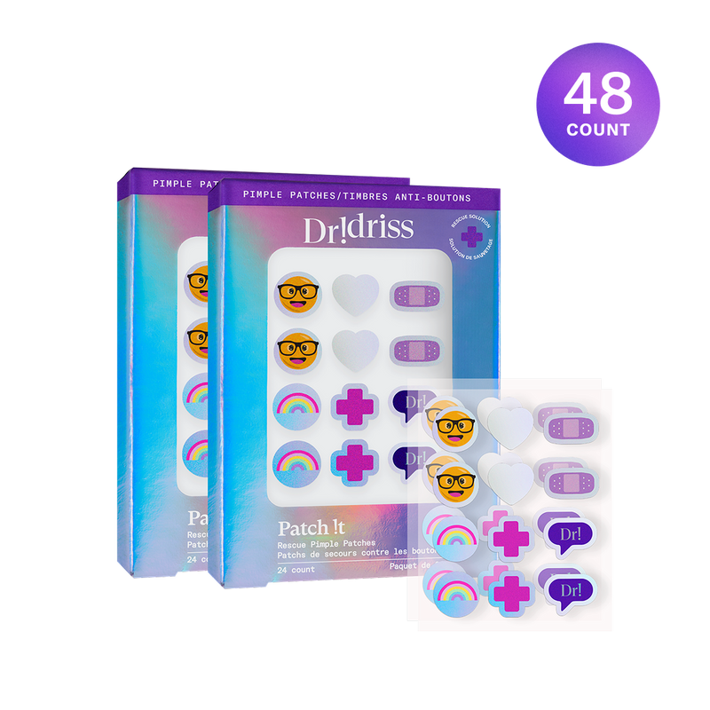 Patch It Rescue Pimple Patches pack shot, showing the pimple patches inside and outside of the box. pack of 48