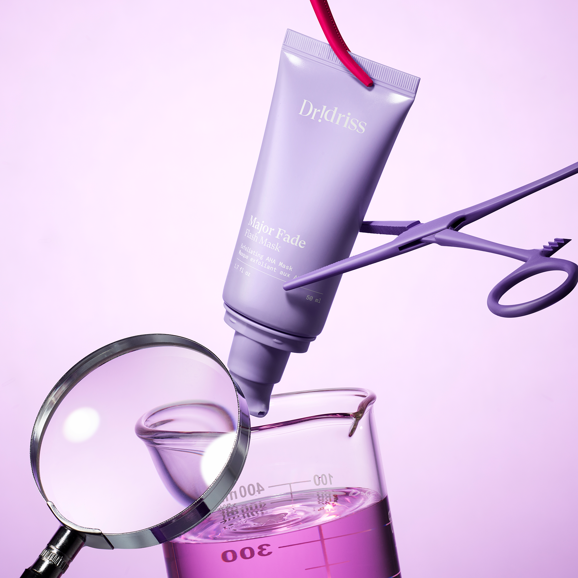 Dr. Idriss Major Fade Flash Mask dripping into a beaker, highlighting science-backed skincare innovation