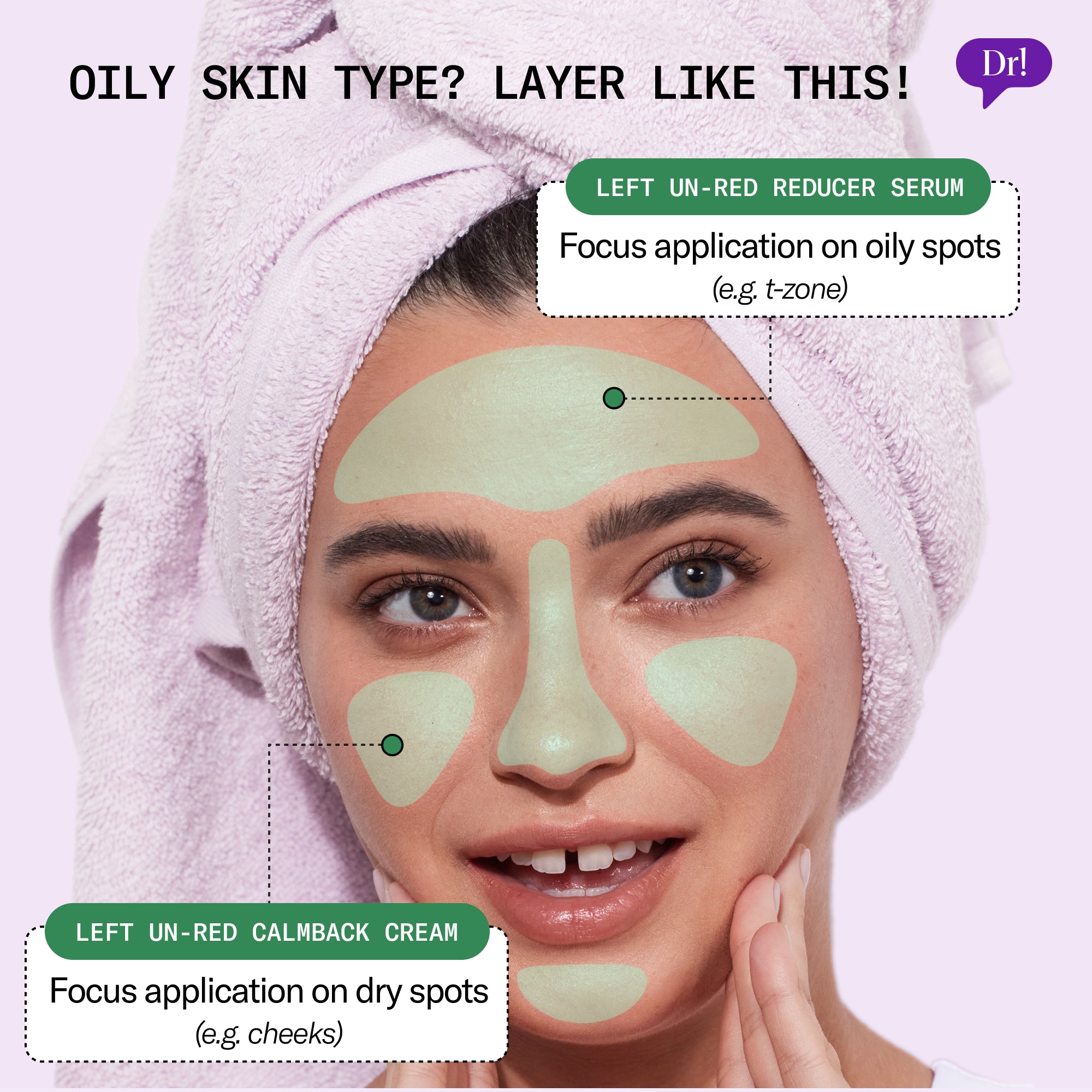 Layering guide for oily skin showing where to apply Left Un-Red Reducer Serum and CalmBack Cream