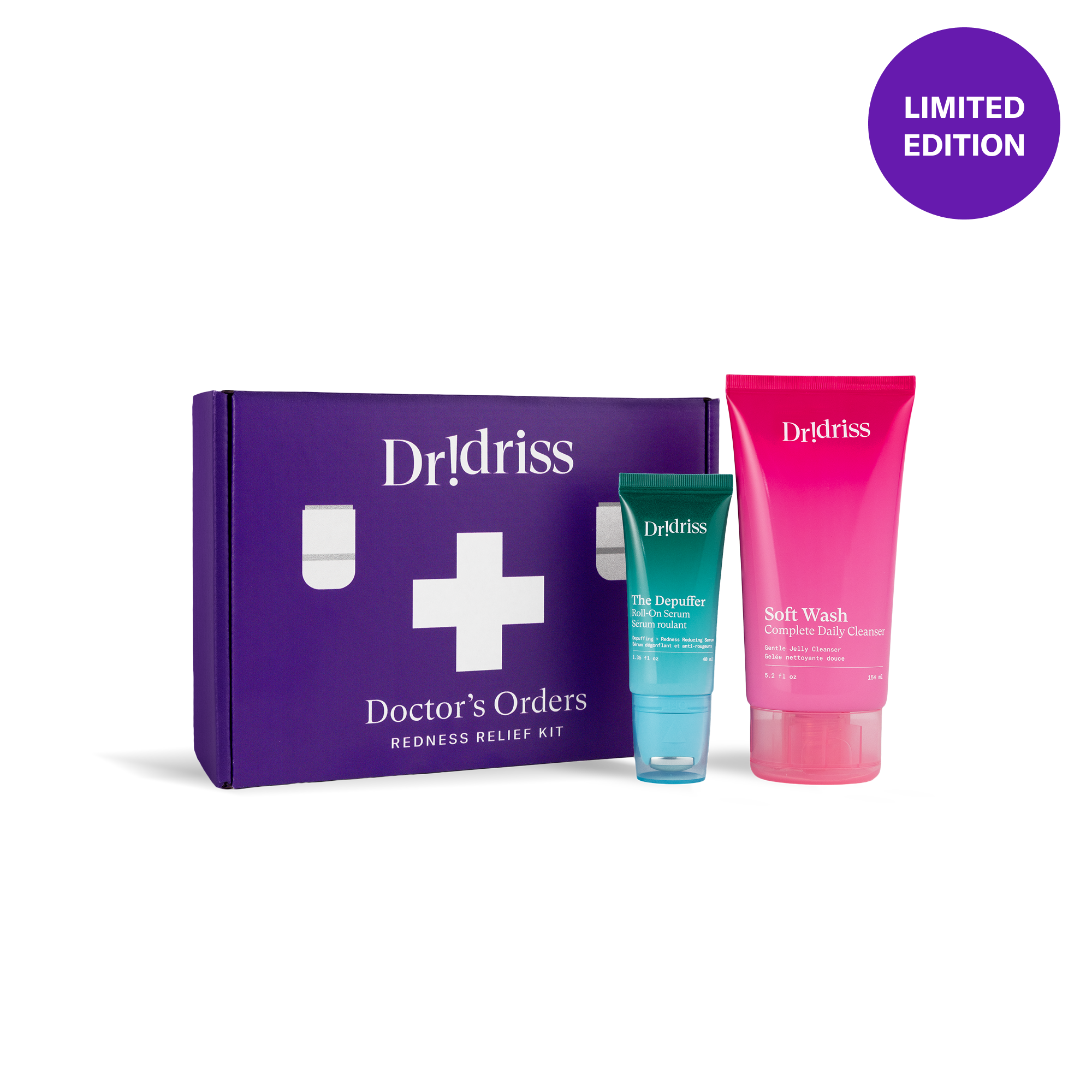 Group shot of the Redness Relief Kit - a limited edition kit featuring Soft Wash and the Depuffer