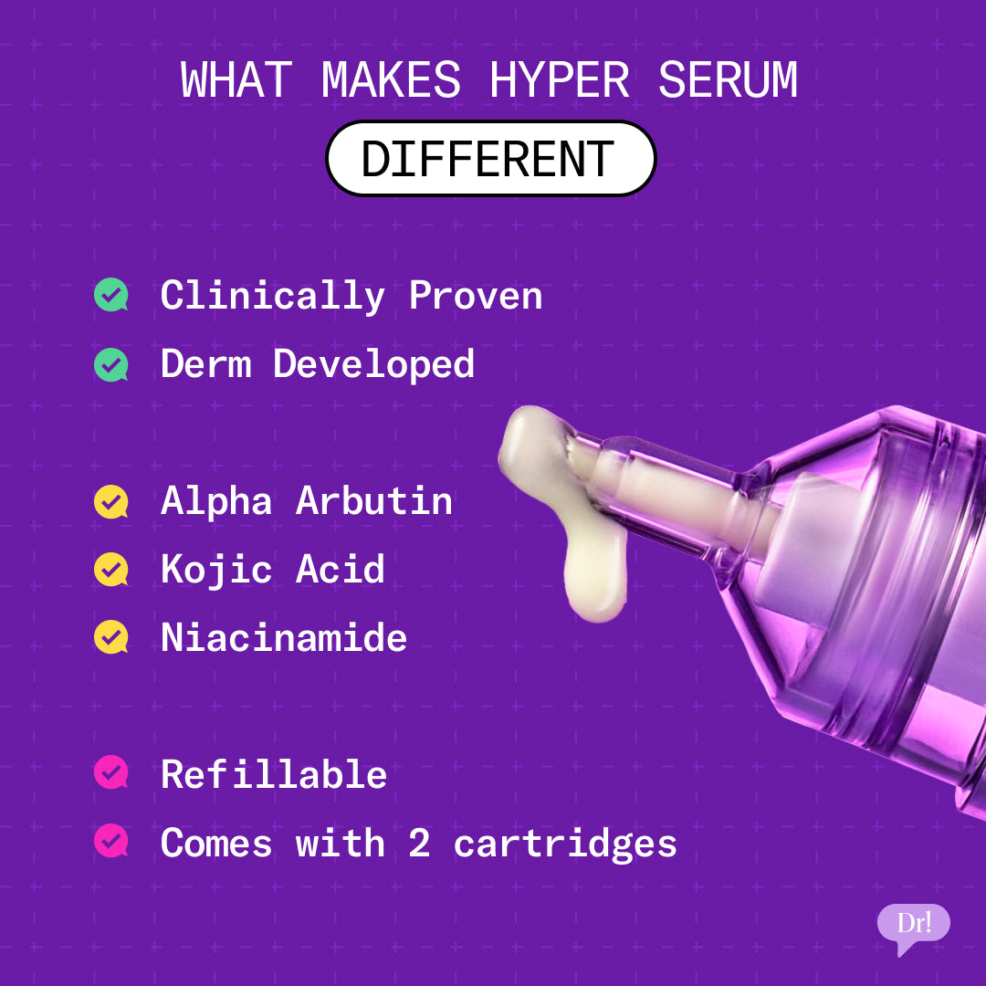 Hyper serum bottle with text highlighting features on a purple background