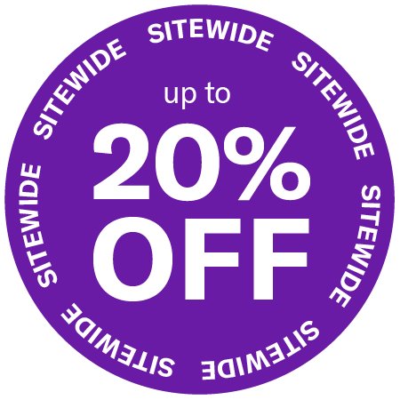 sticker badge communicating sale "up to 20% off sitewide"