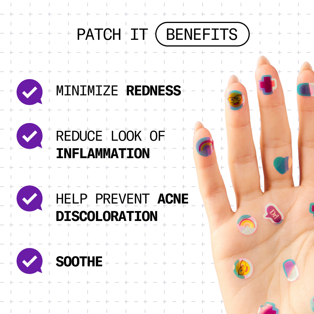 Benefits of Patch It? Minimizes redness, reduces the look of inflammation, helps prevent acne discoloration, and soothes.