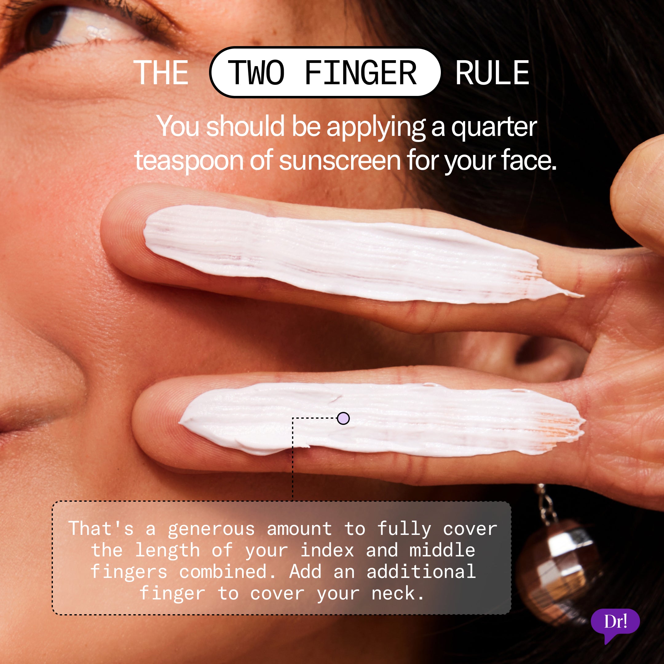 You should be applying a quarter teaspoon of sunscreen for your face - the length of your index and middle fingers combined.