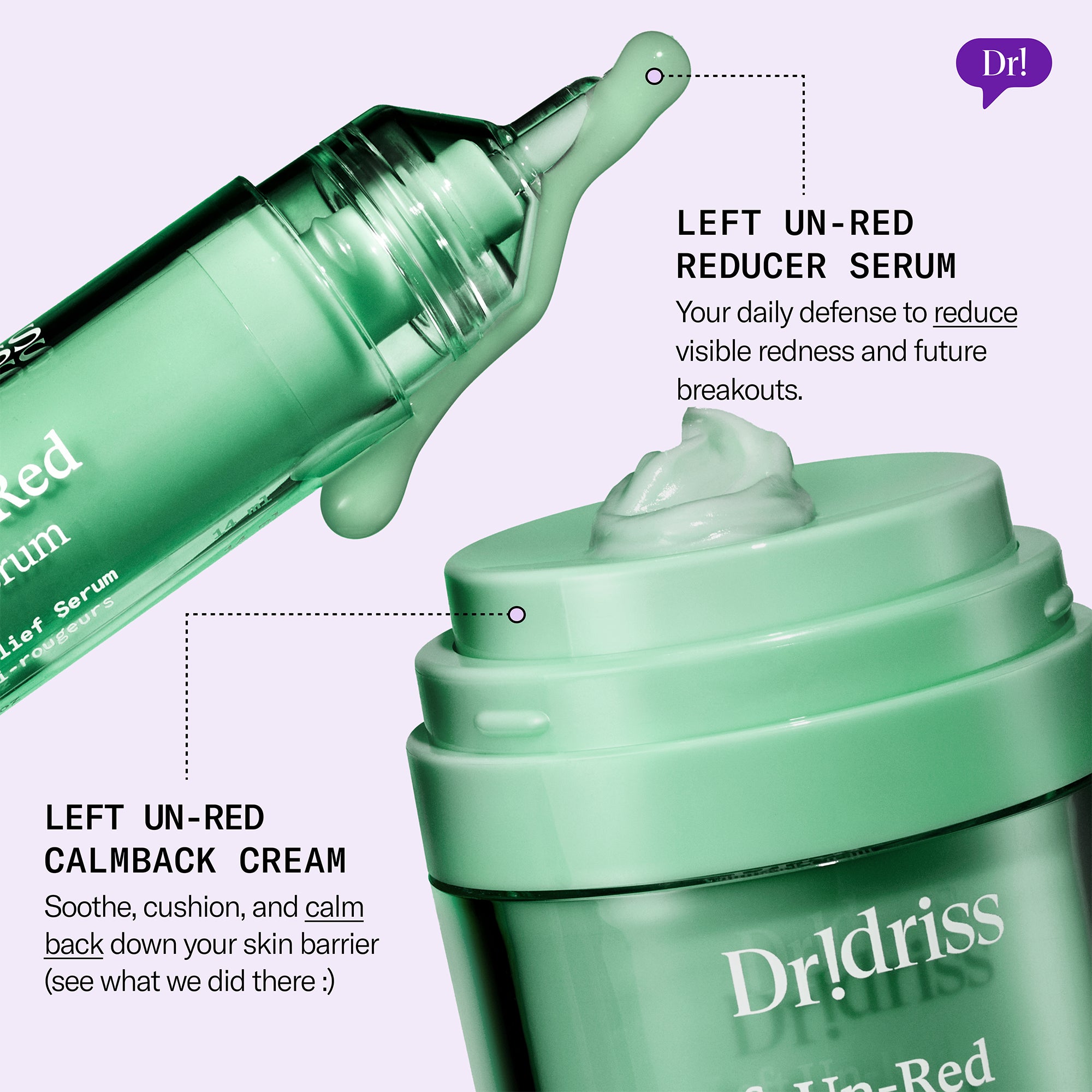 Left Un-Red Reducer Serum paired with Left Un-Red CalmBack Cream for redness care
