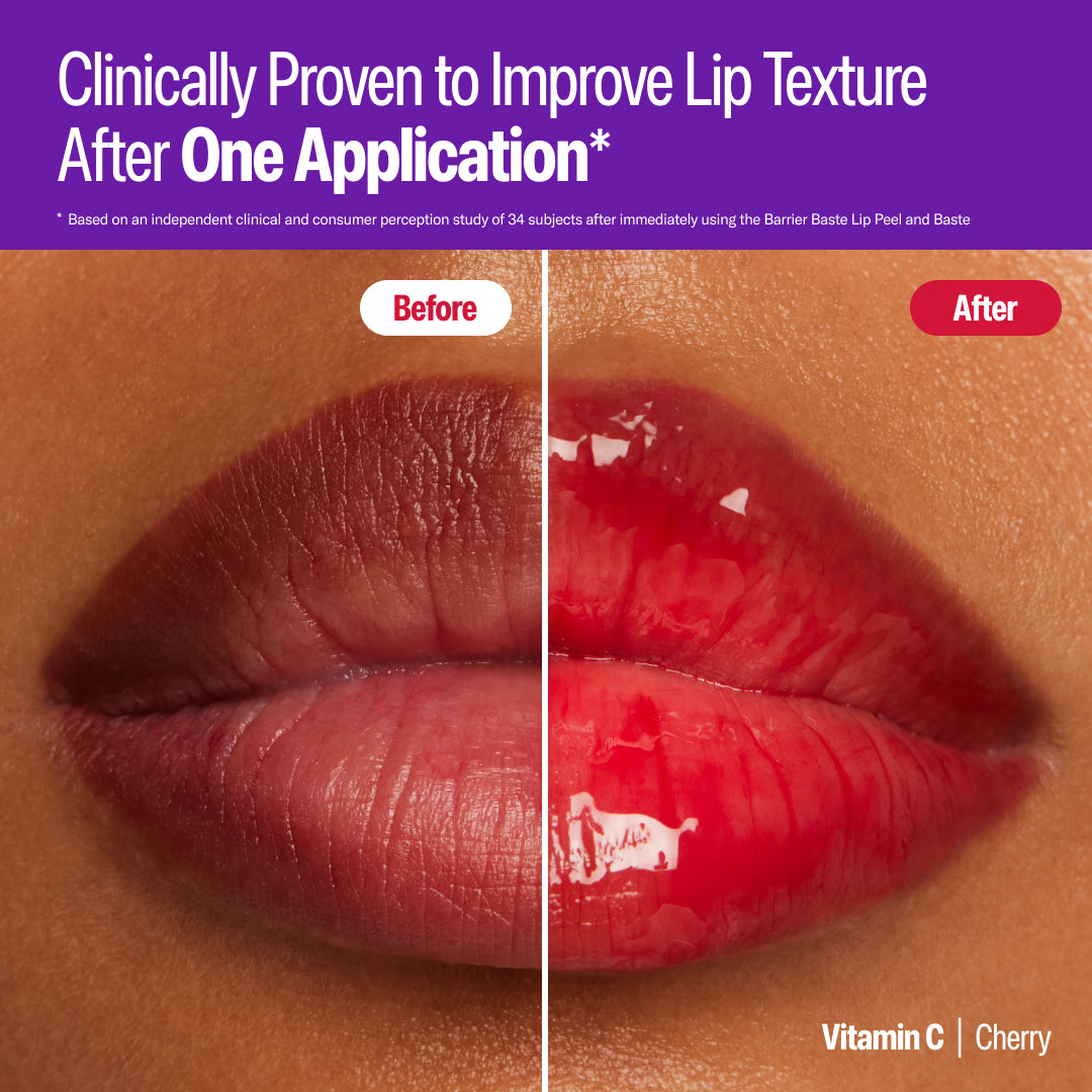 Clinically proven before and after of using Barrier Baste Cherry Lip Baste