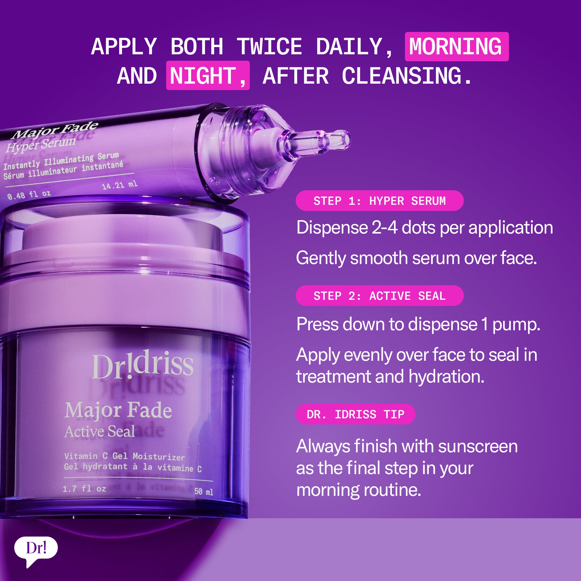 Major Fade Hyper Serum and Active Seal with step-by-step application instructions for morning and night use after cleansing.
