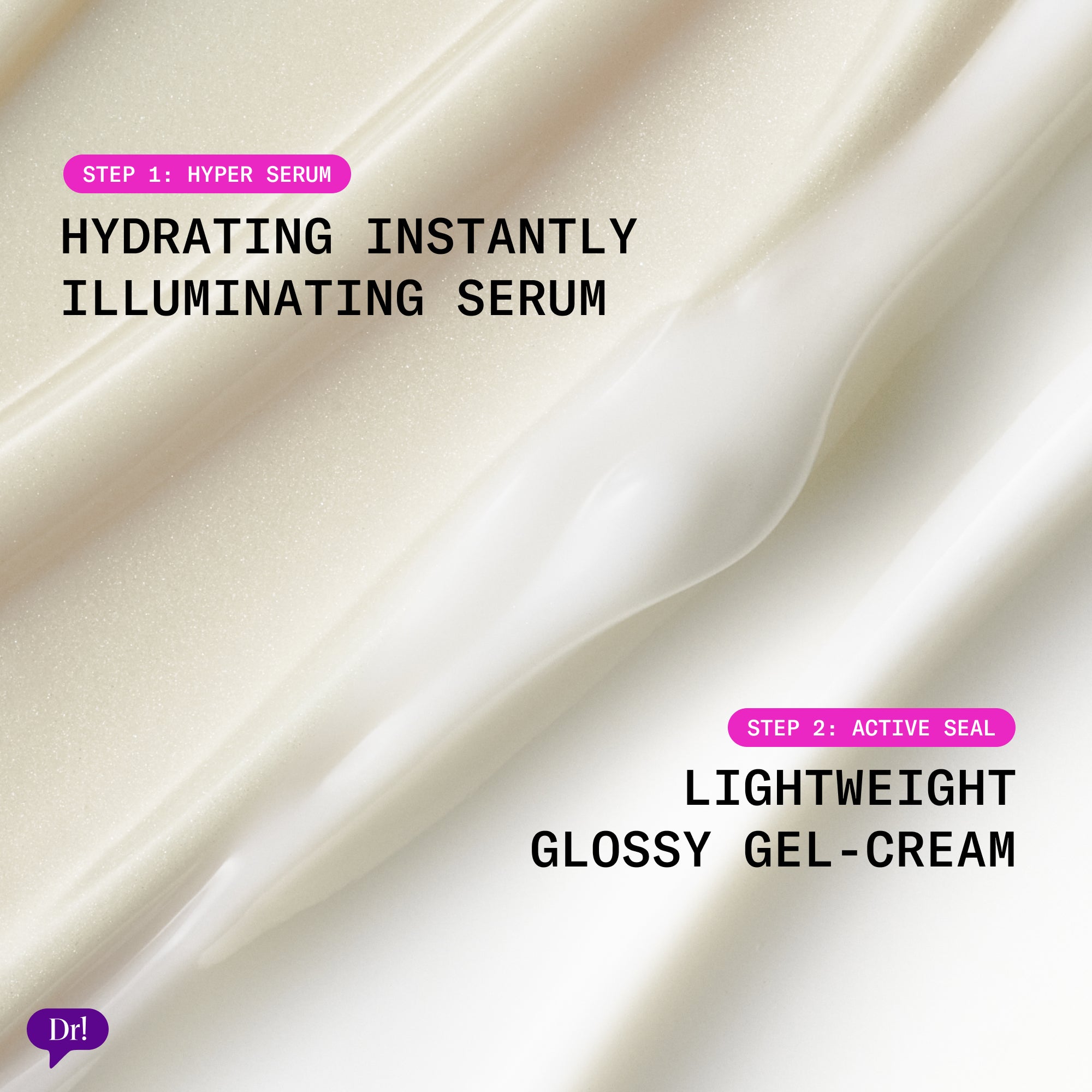 Texture swatches showing Hyper Serum as a hydrating illuminating formula and Active Seal as a lightweight glossy gel-cream.