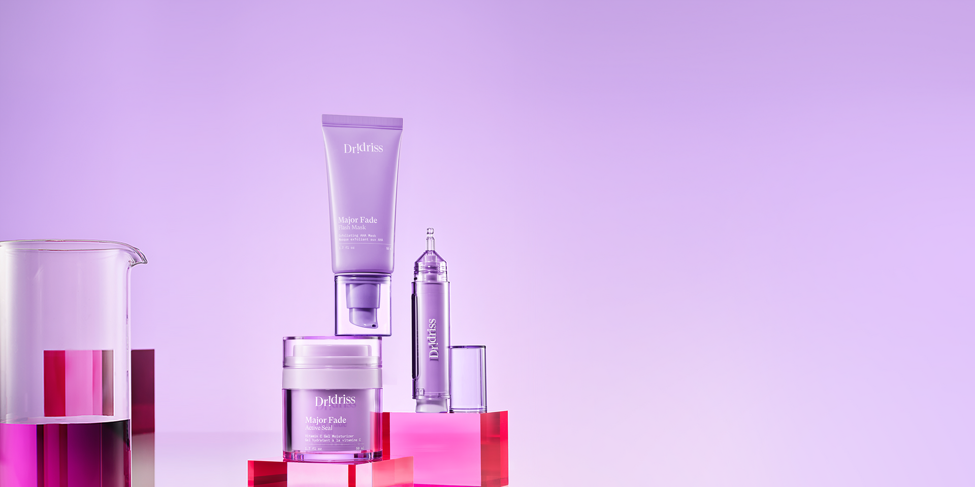 Dr. Idriss Major Fade lineup featuring Flash Mask, Hyper Serum, and Active Seal, the perfect trio for brighter, even-toned skin