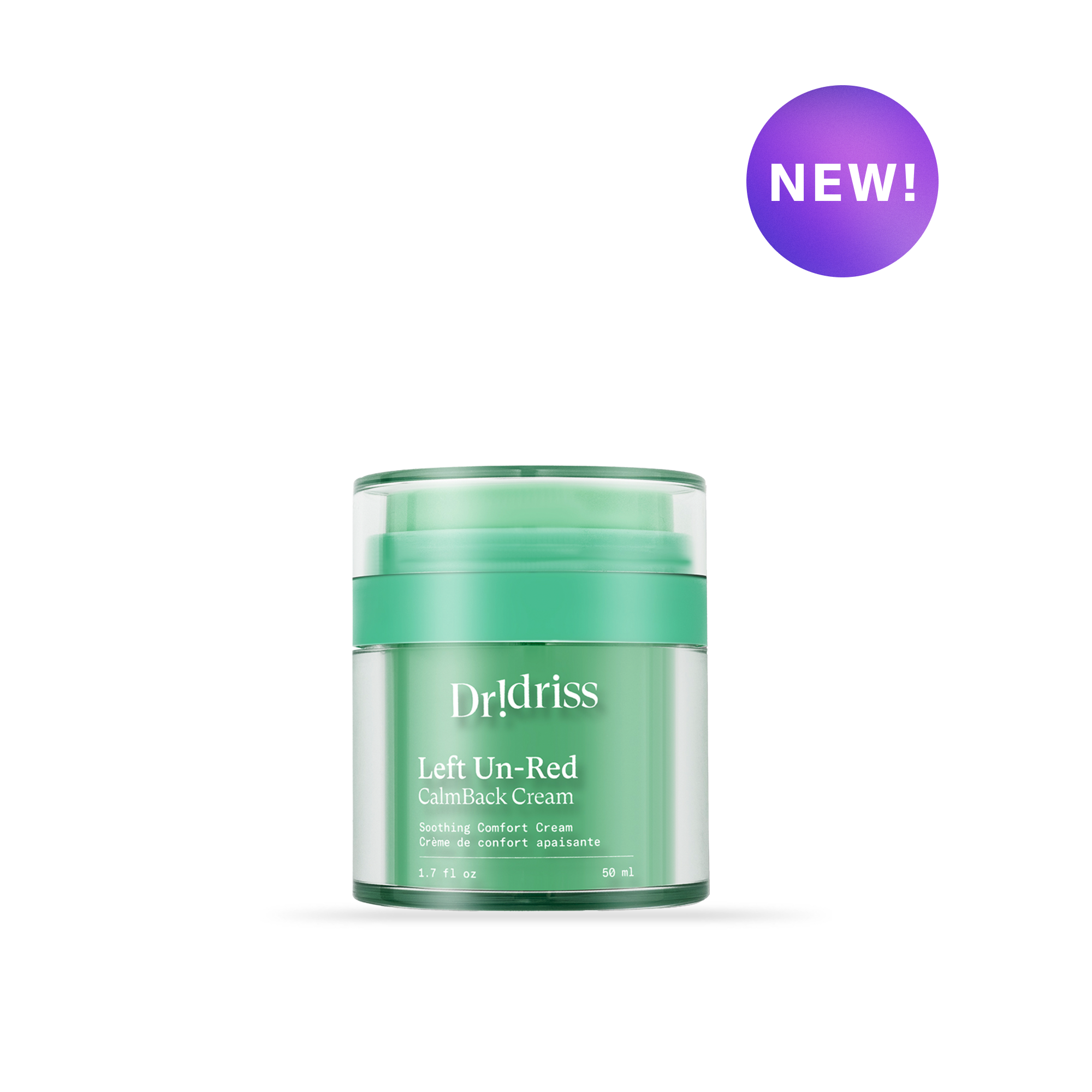 Left Un-Red CalmBack Cream by Dr. Idriss in green jar for soothing redness-prone skin