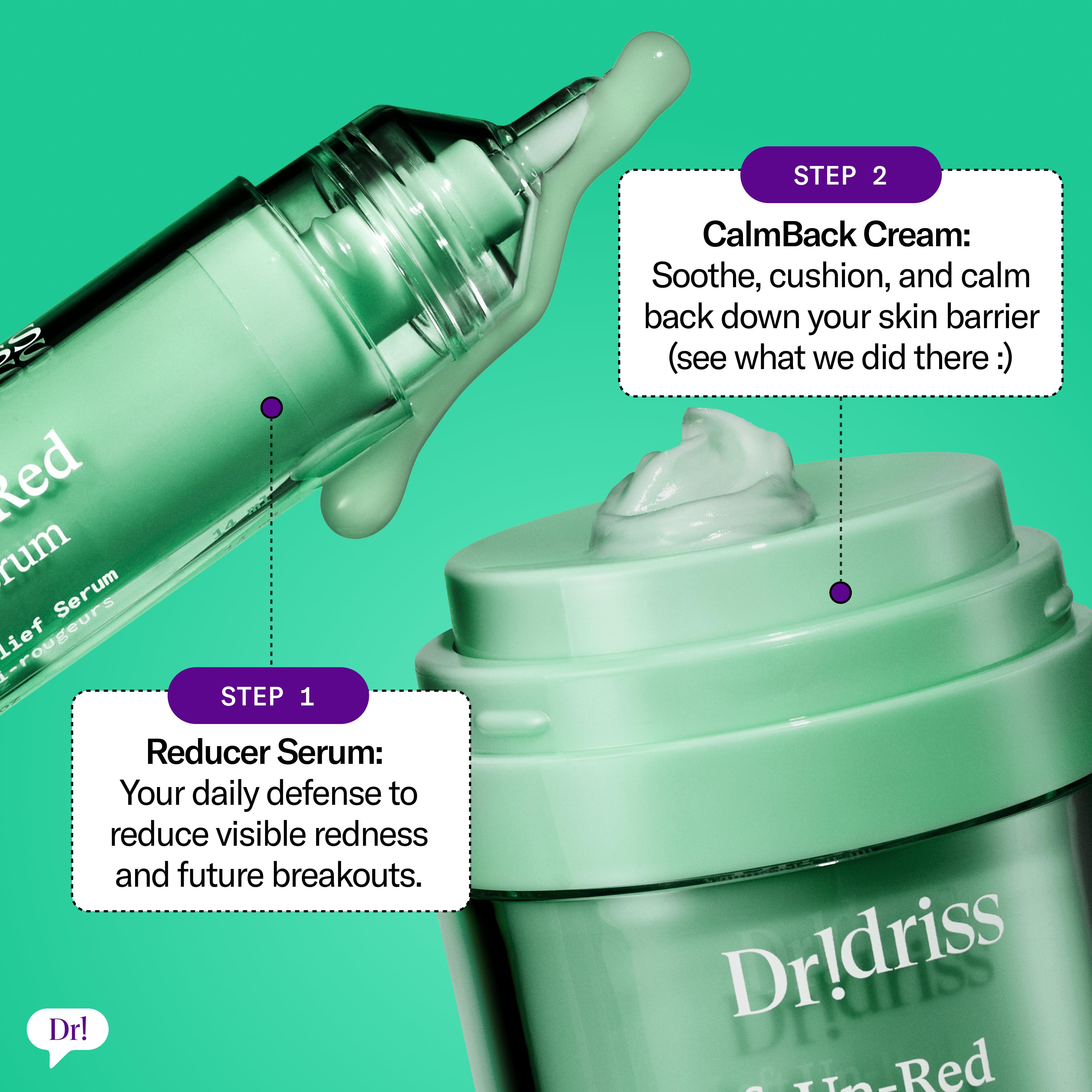 Left Un-Red Reducer Serum and CalmBack Cream two-step routine for reducing visible redness and soothing the skin barrier