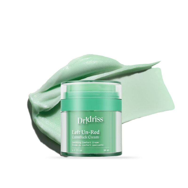 Left Un-Red CalmBack Cream soothing moisturizer jar with green cream texture swipe