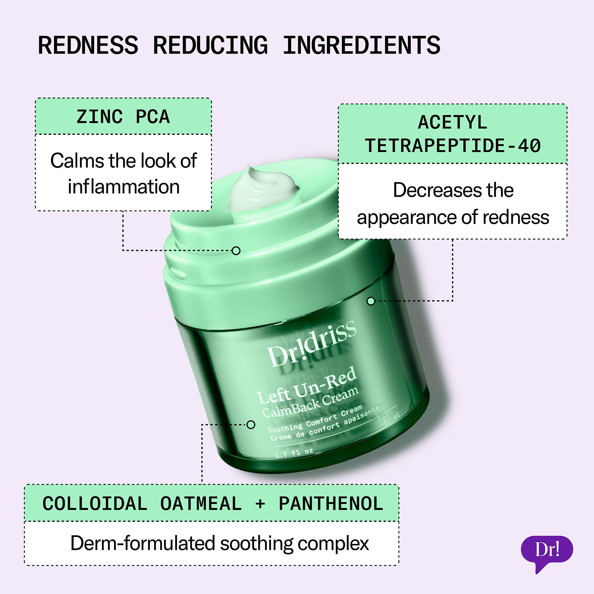 Left Un-Red CalmBack Cream highlighting zinc PCA, colloidal oatmeal, panthenol, and peptide ingredients