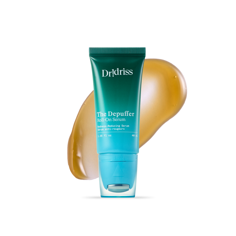 Dr. Idriss The Depuffer Roll-On Serum product shot with golden serum texture swatch on black background.