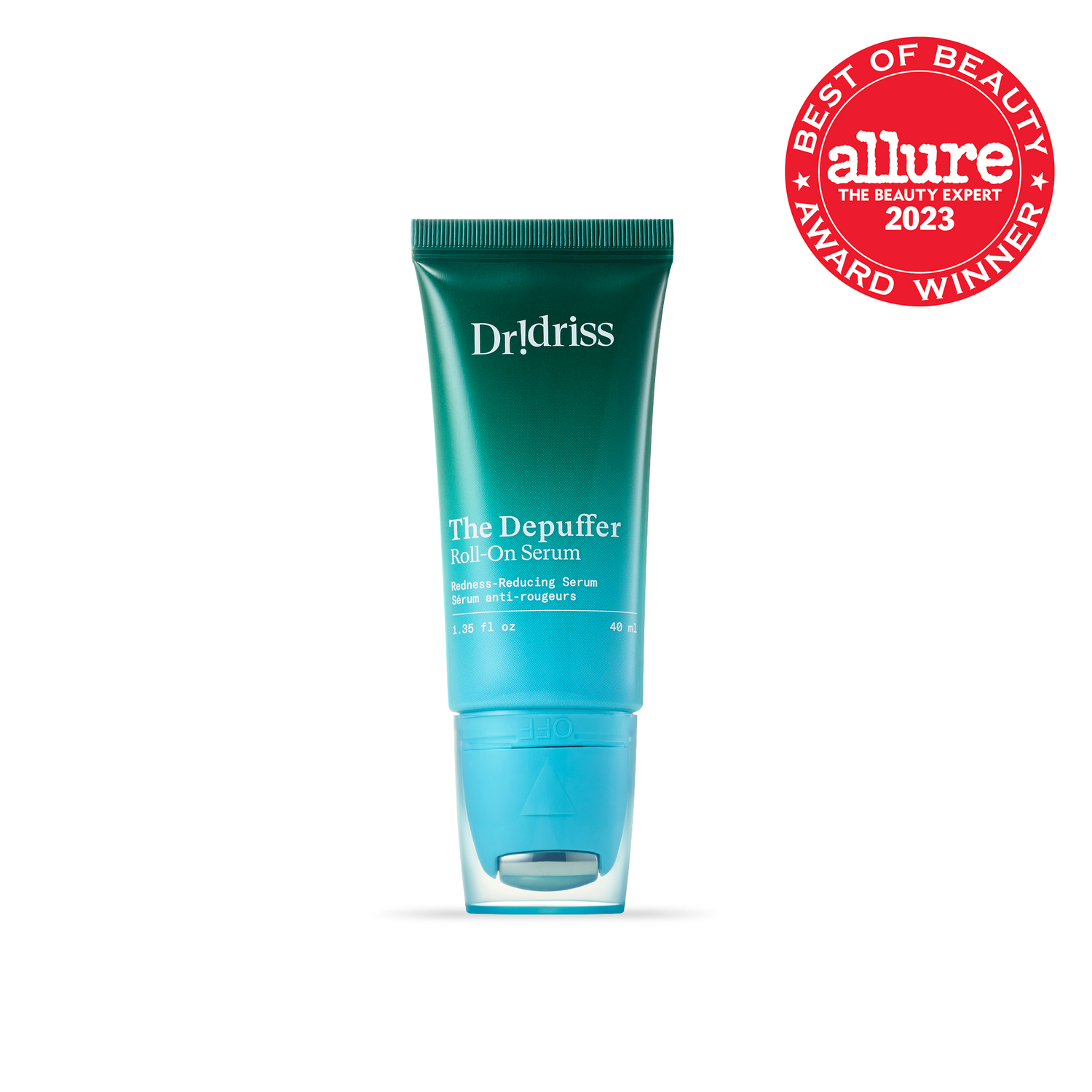 A close-up of Dr. Idriss The Depuffer Roll-On Serum in its teal green tube, with an "Allure Best of Beauty 2023 Award" badge displayed