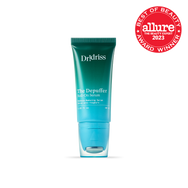 A close-up of Dr. Idriss The Depuffer Roll-On Serum in its teal green tube, with an "Allure Best of Beauty 2023 Award" badge displayed